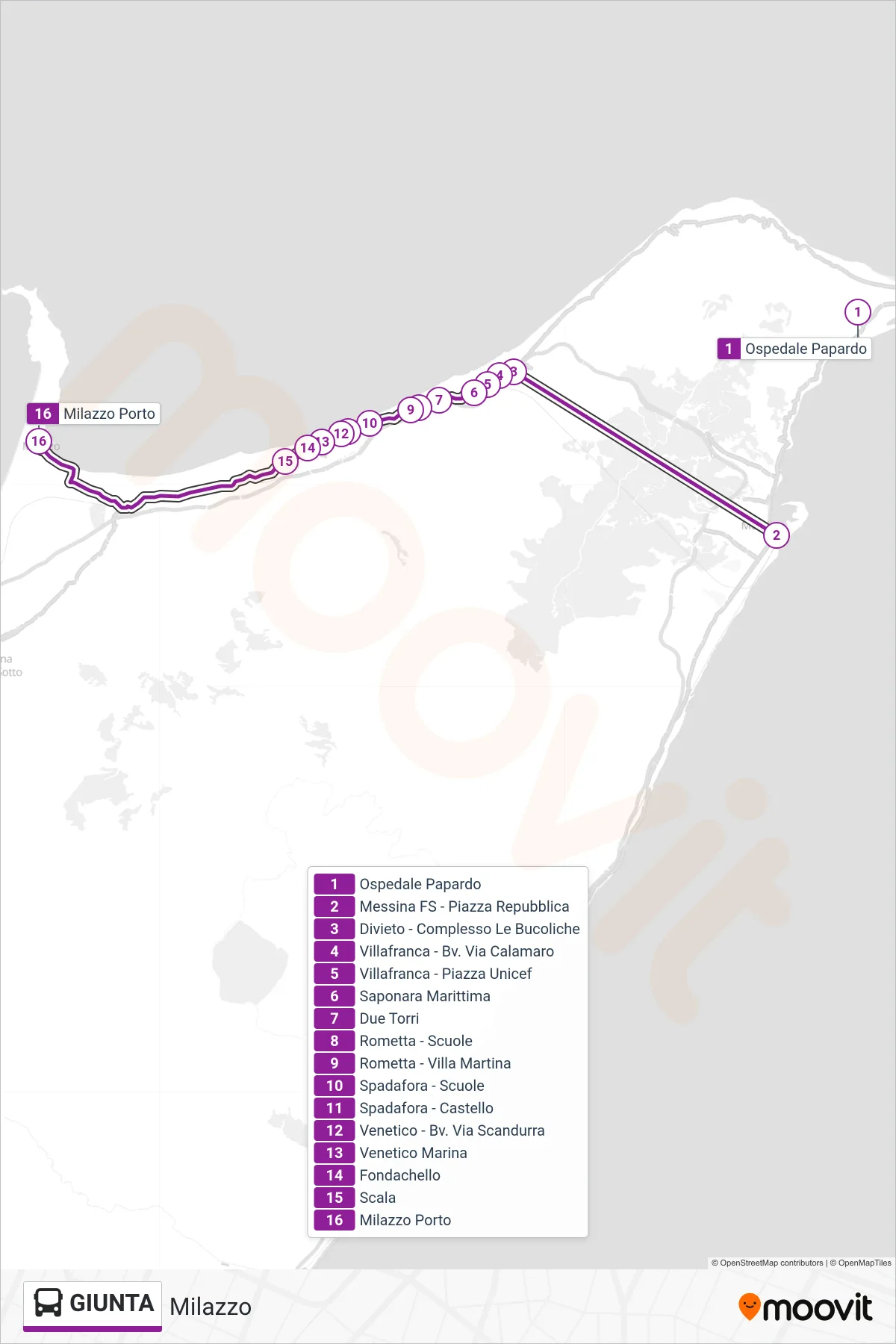 Linea GIUNTA  bus (Milazzo) - Percorsi e fermate sulla mappa