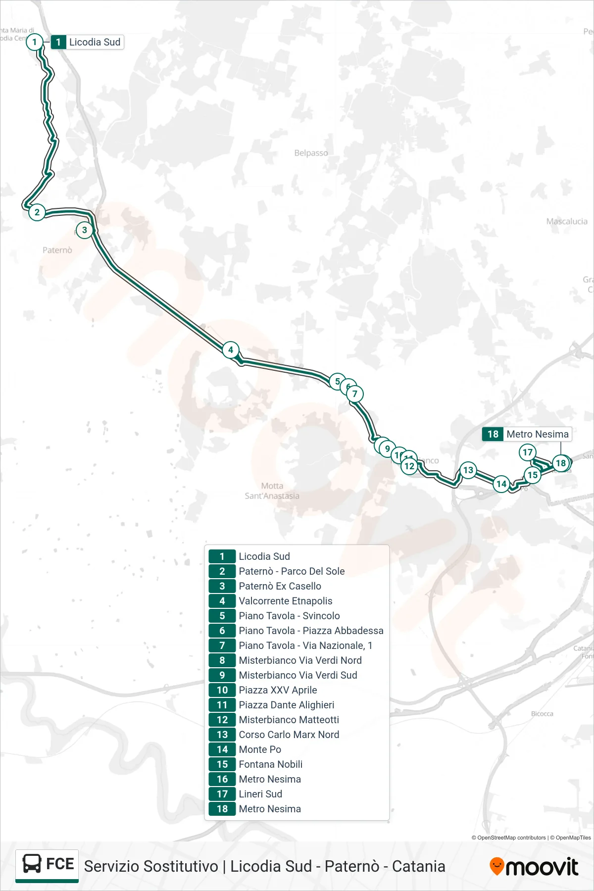 Linea FCE  bus (Catania Metro Nesima) - Percorsi e fermate sulla mappa
