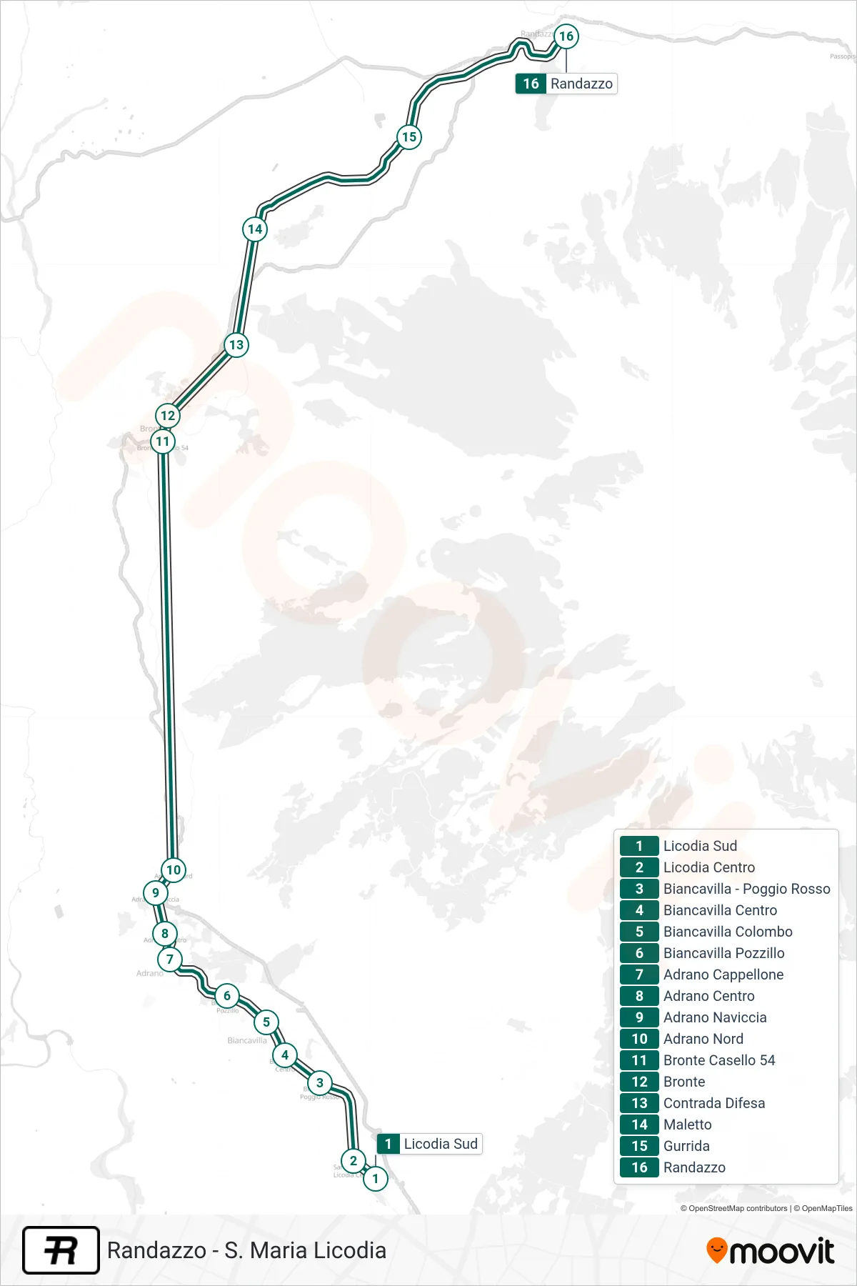Linea R treno (Randazzo) - Percorsi e fermate sulla mappa