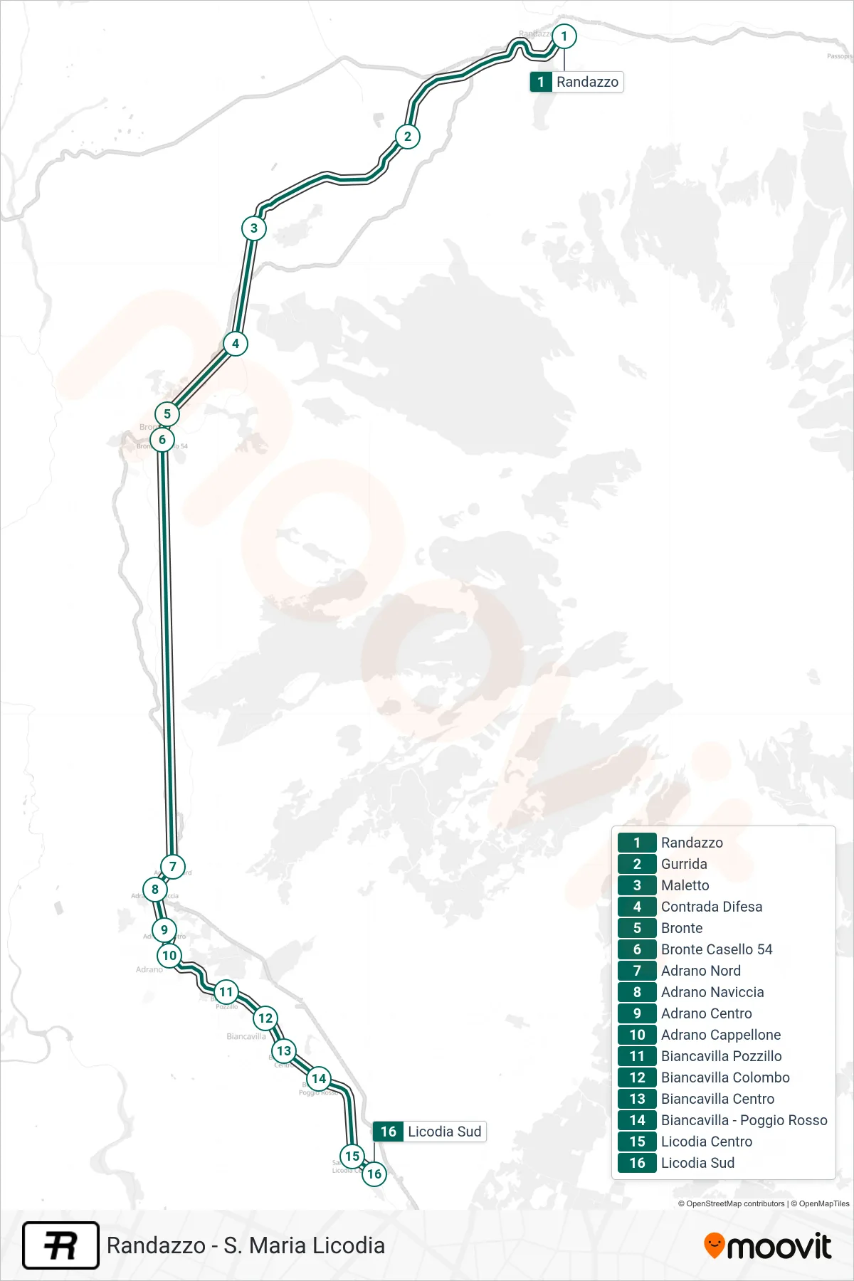 Linea R  treno (S. Maria di Licodia Sud) - Percorsi e fermate sulla mappa