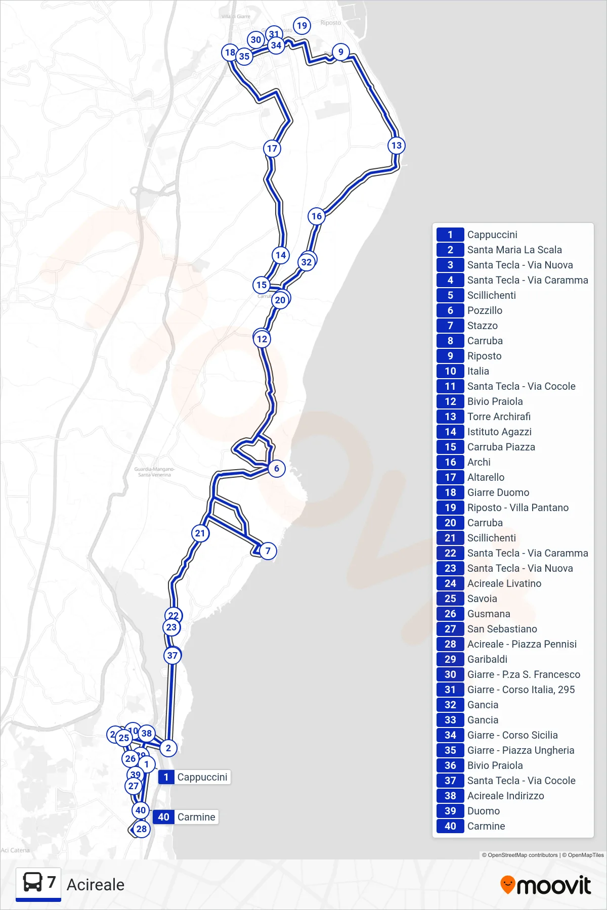 Linea 7 bus (Acireale) - Percorsi e fermate sulla mappa