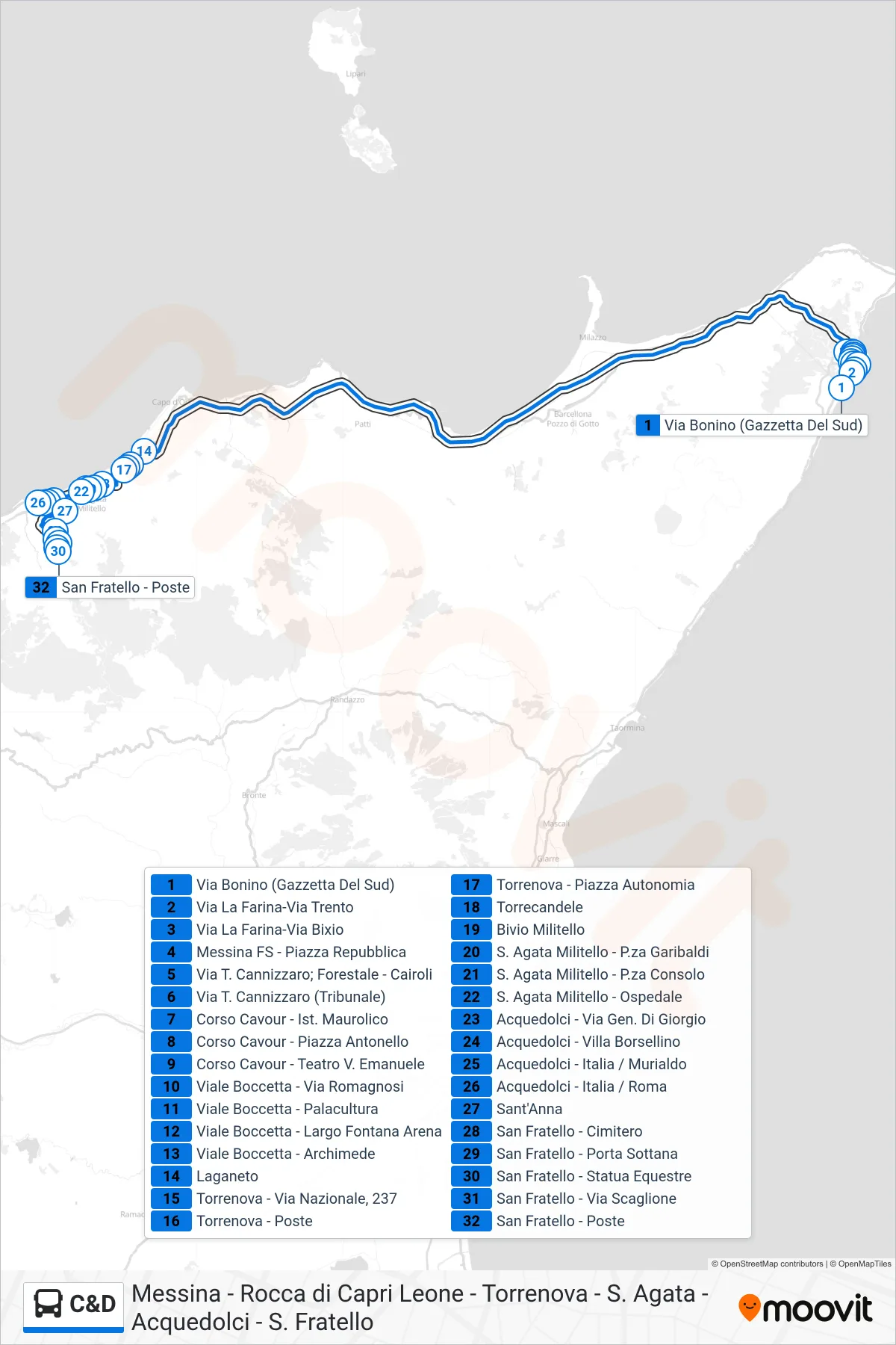 C&D bus Line (San Fratello) route and stops on a map