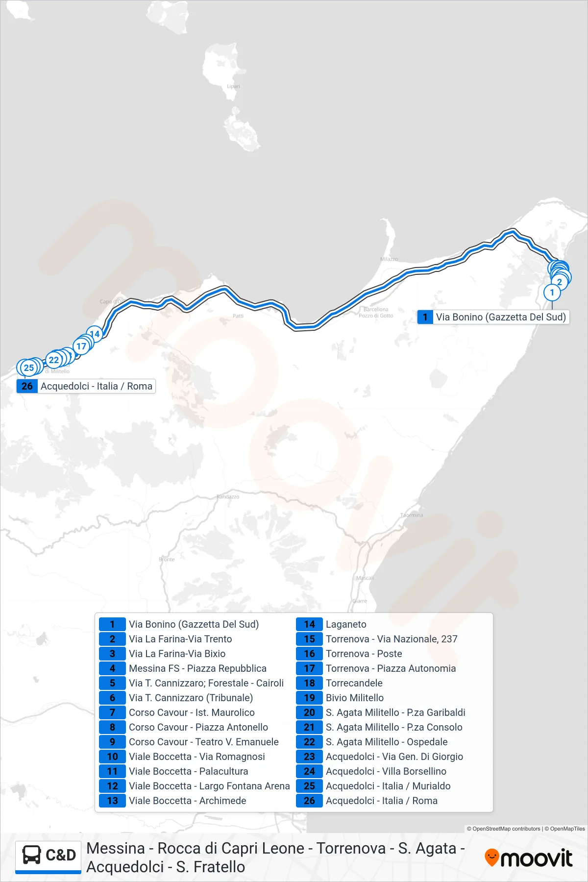 Linea C&D bus (Acquedolci) - Percorsi e fermate sulla mappa