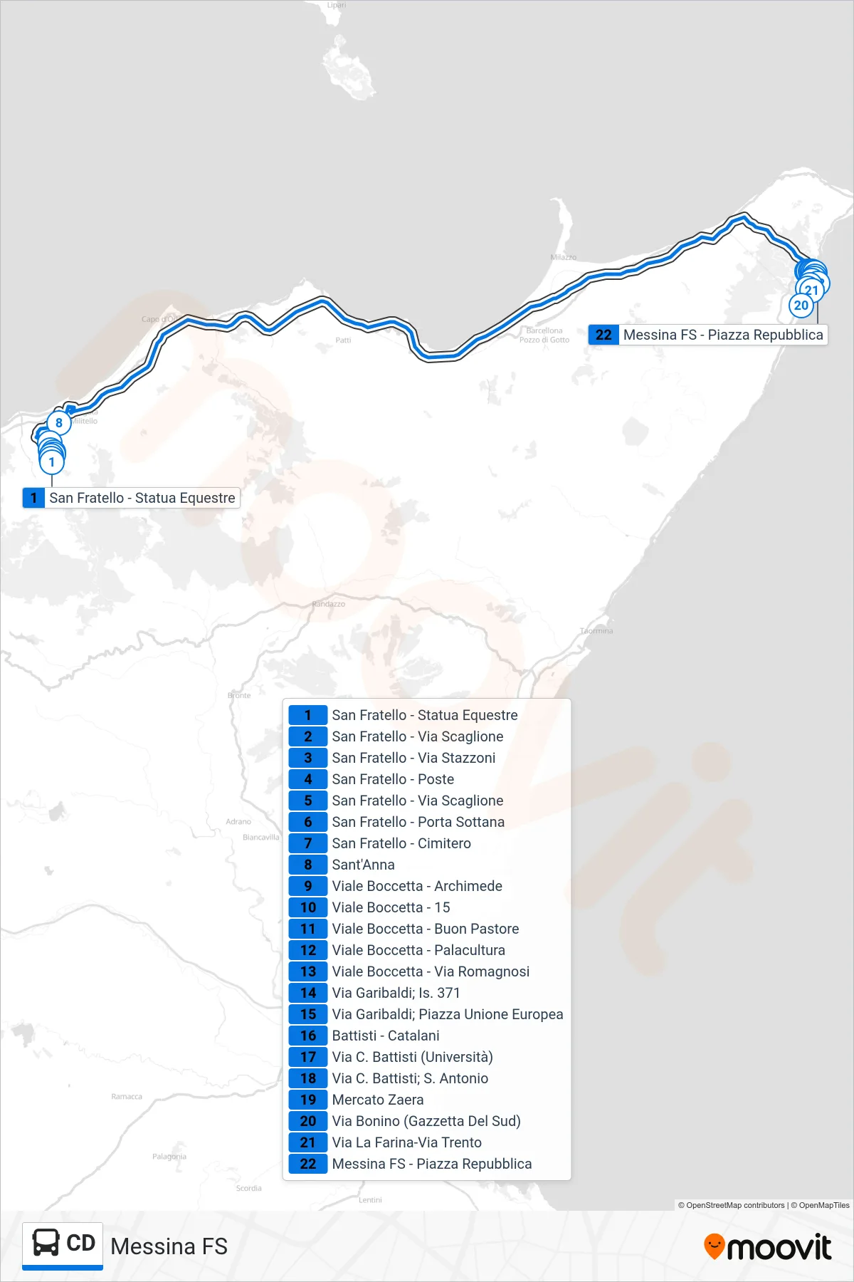 Linea CD bus (Messina FS) - Percorsi e fermate sulla mappa
