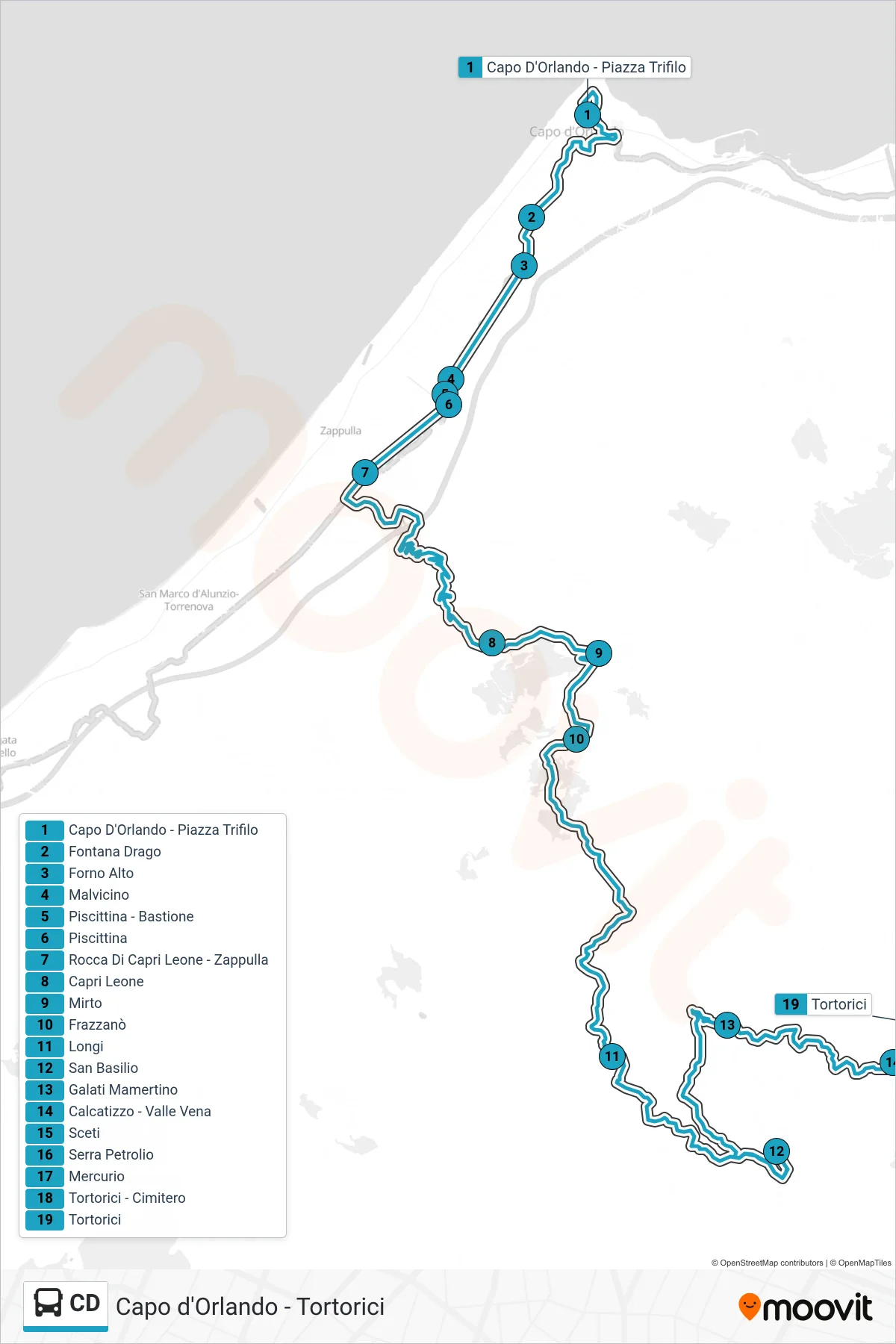 Linea CD bus (Tortorici) - Percorsi e fermate sulla mappa