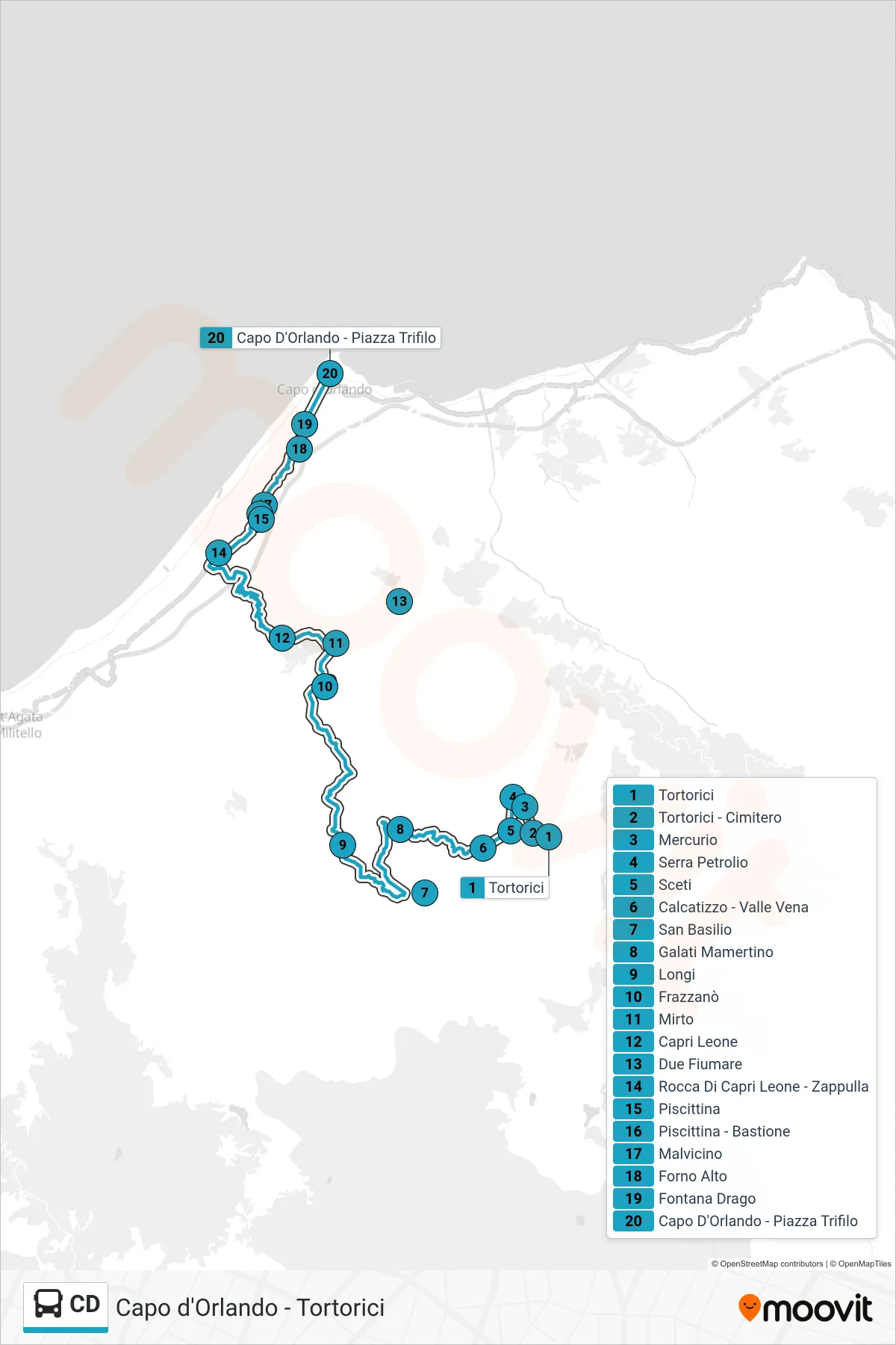 Linea CD  bus (Capo d'Orlando) - Percorsi e fermate sulla mappa