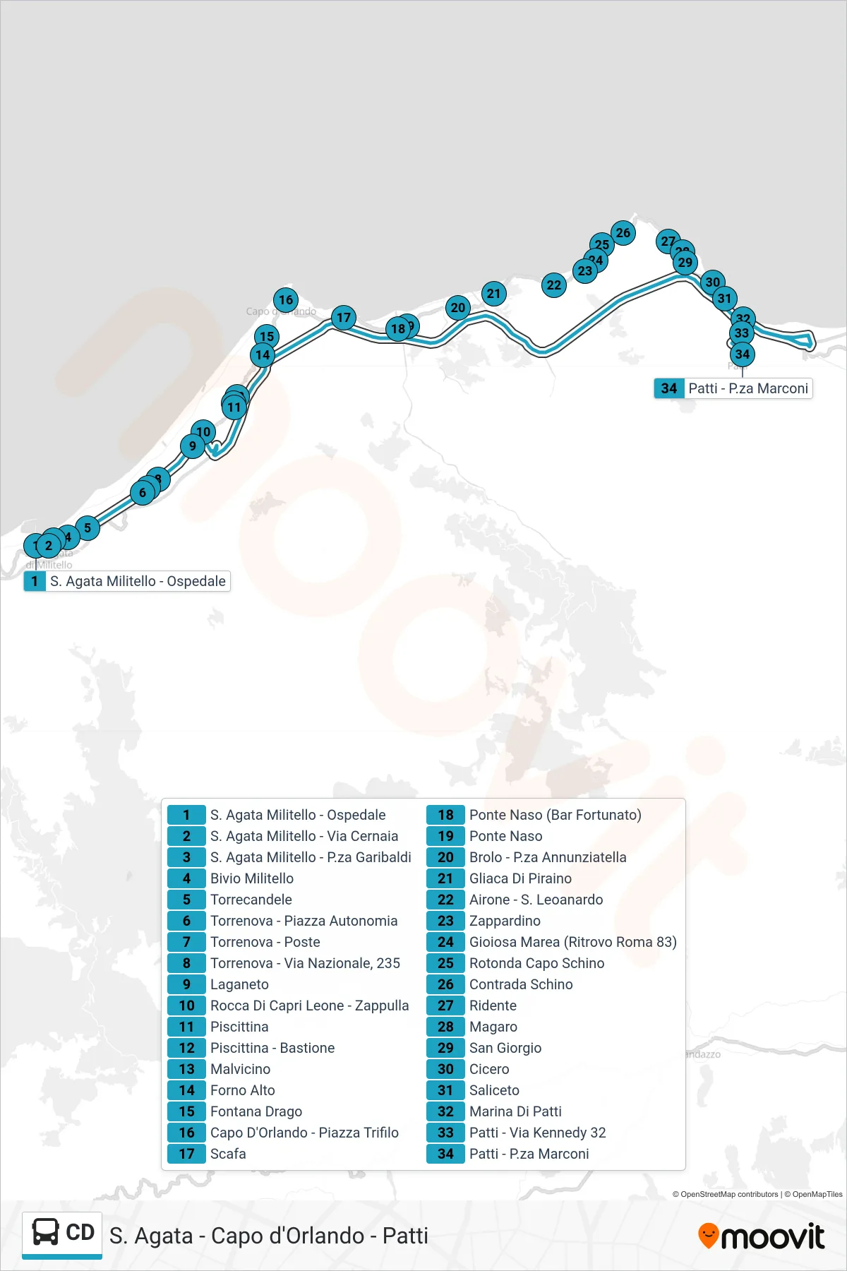 Linea CD  bus (Patti) - Percorsi e fermate sulla mappa