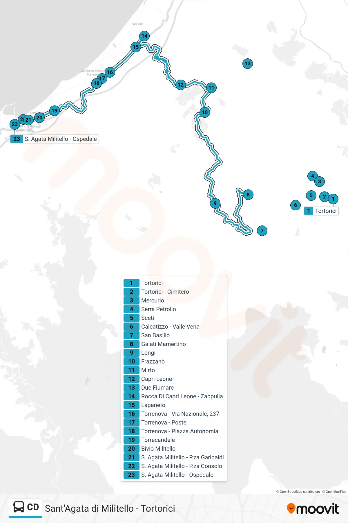 CD bus Line (Sant'Agata Militello) route and stops on a map