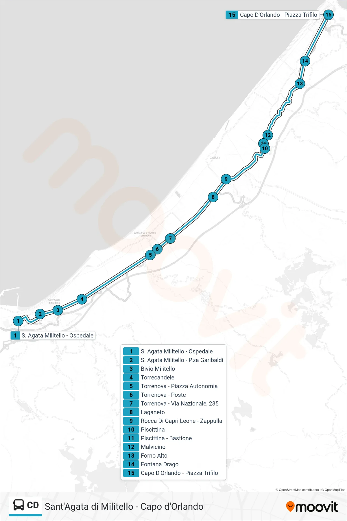 CD bus Line (Capo D'Orlando) route and stops on a map