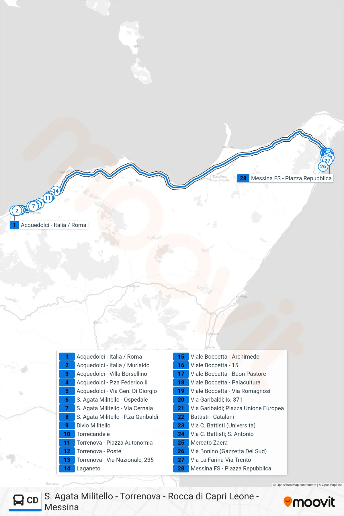 Linea CD bus (Messina FS) - Percorsi e fermate sulla mappa