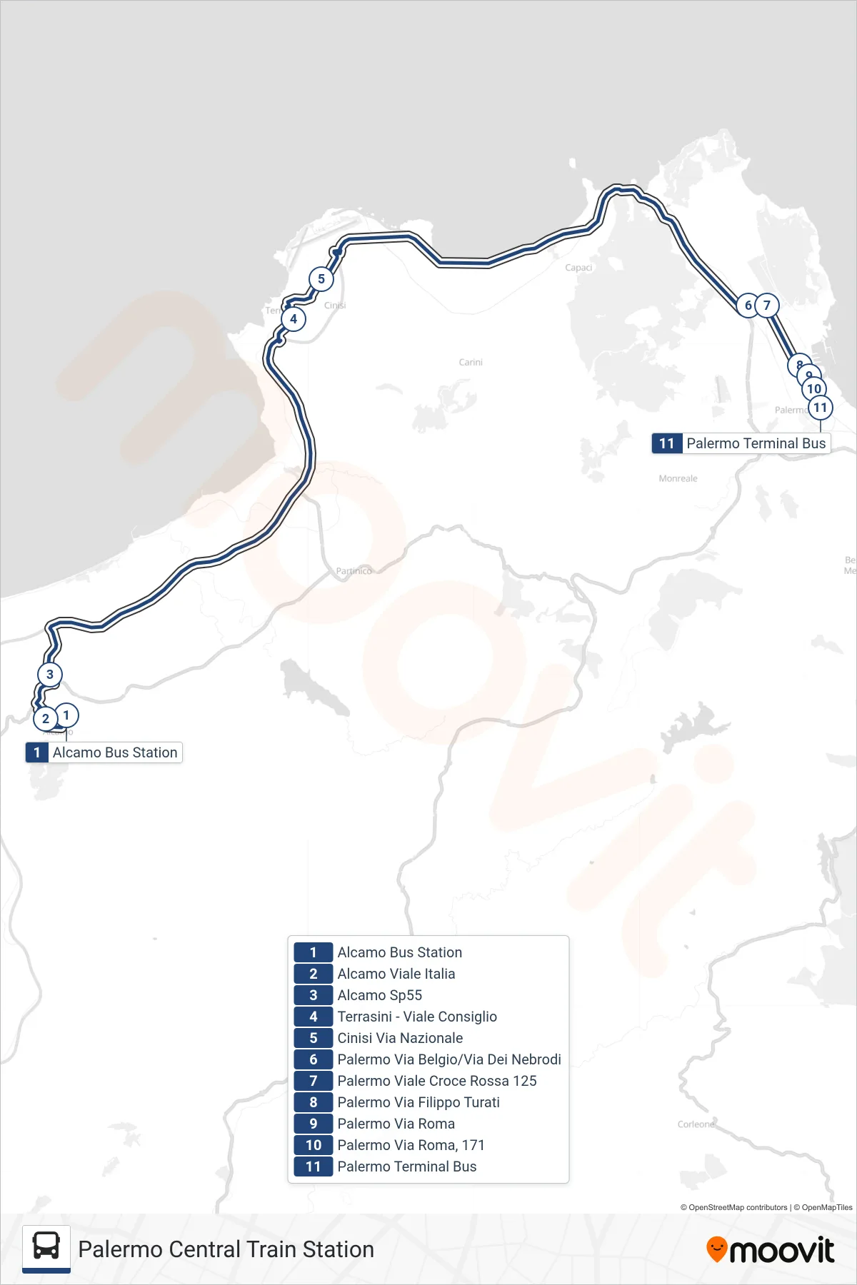 Linea SEGESTA AUTOLINEE SE06  bus (Palermo Central Train Station) - Percorsi e fermate sulla mappa