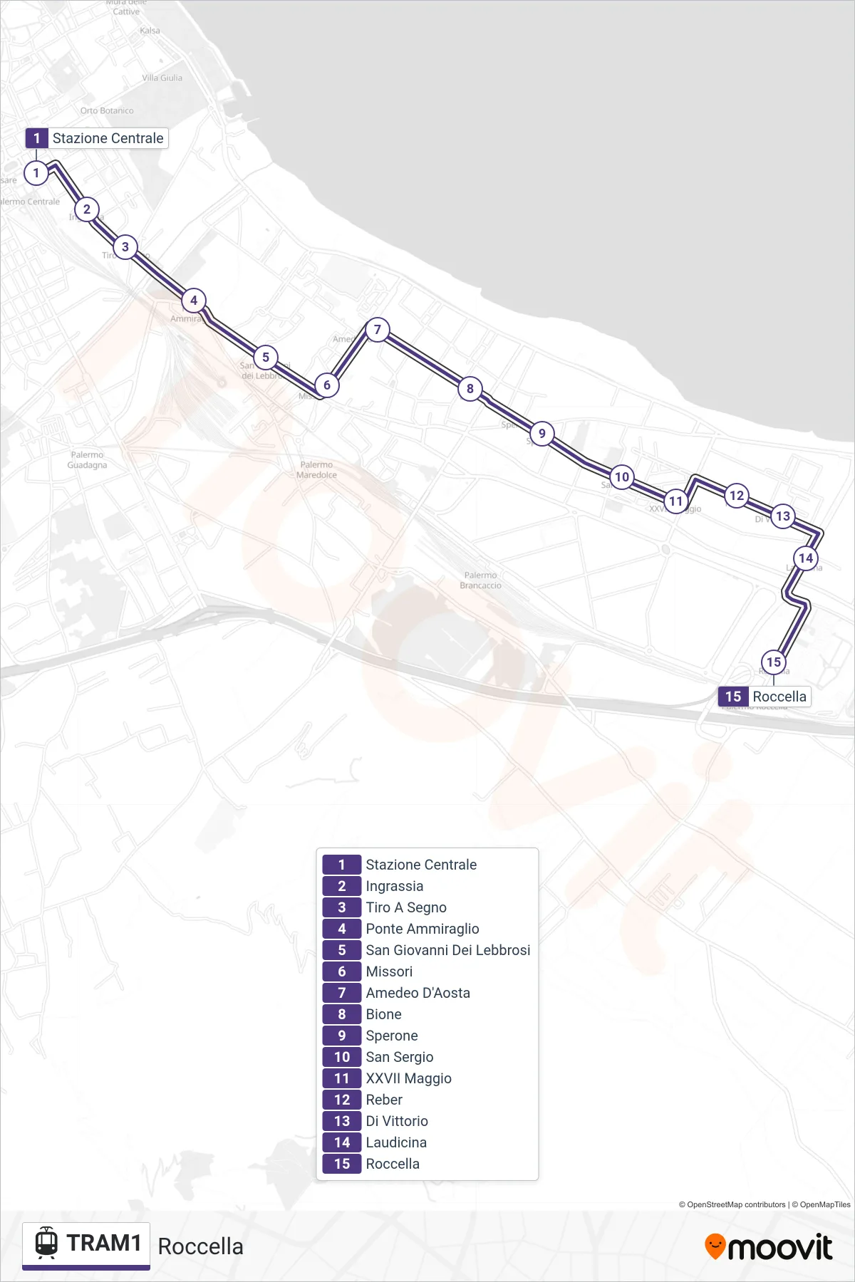 Linea TRAM1  tram (Roccella) - Percorsi e fermate sulla mappa