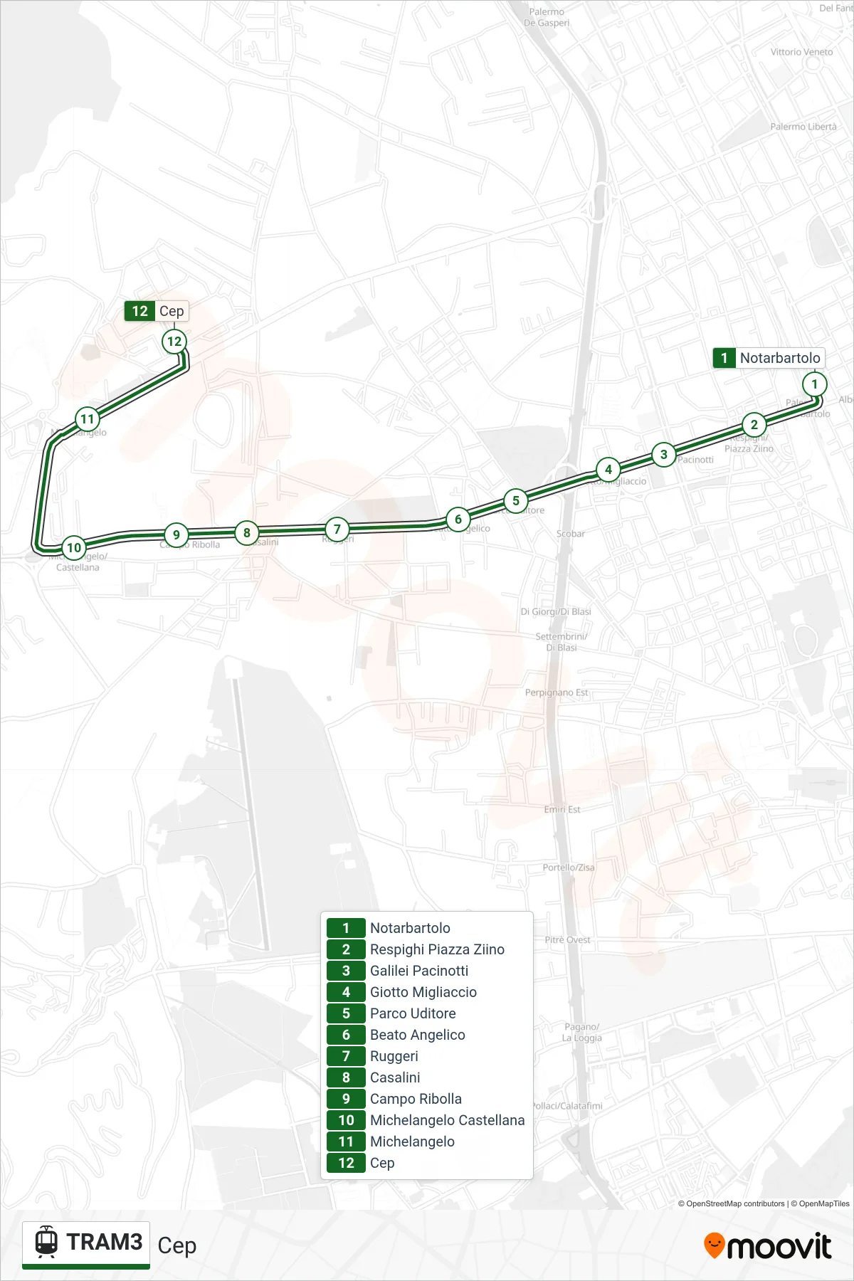 Linea TRAM3  tram (Cep) - Percorsi e fermate sulla mappa
