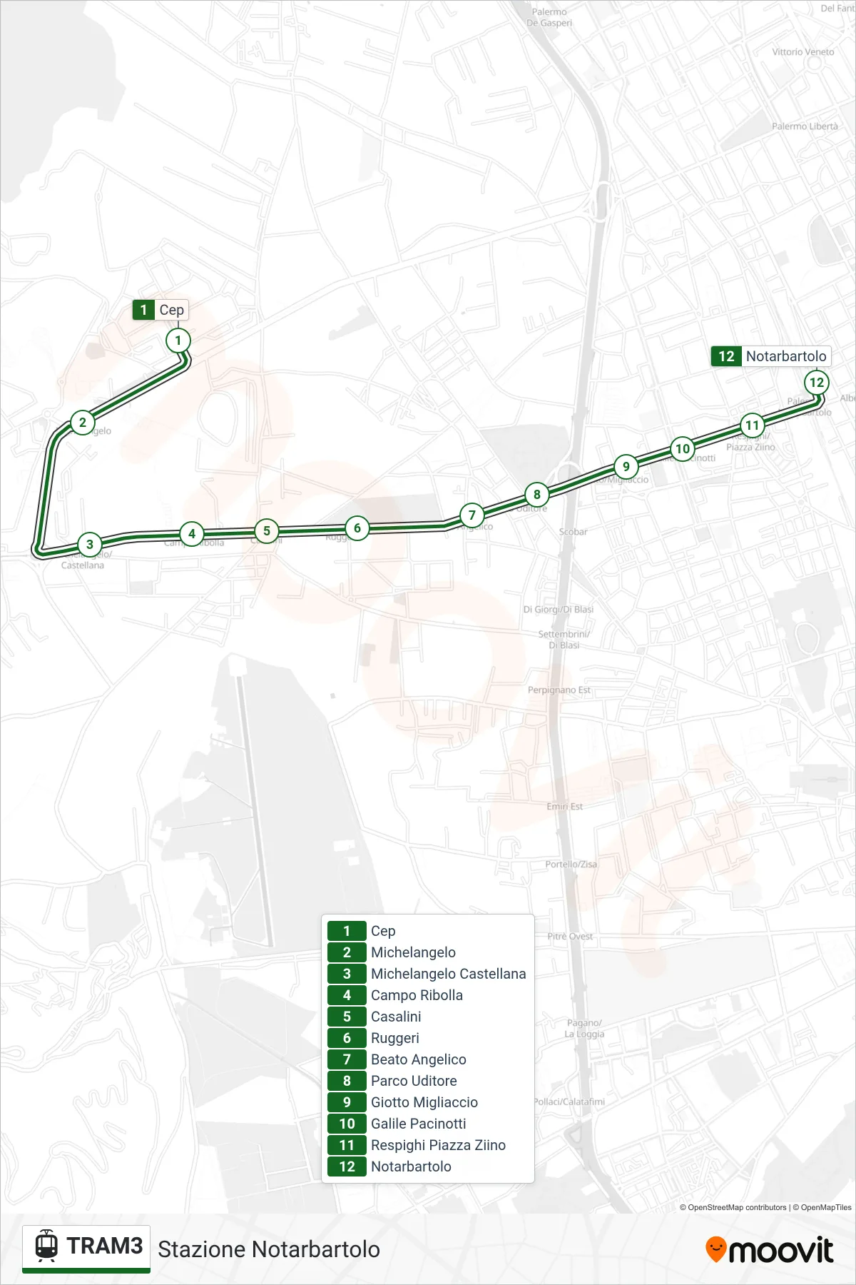 Linea TRAM3 tram (Stazione Notarbartolo) - Percorsi e fermate sulla mappa