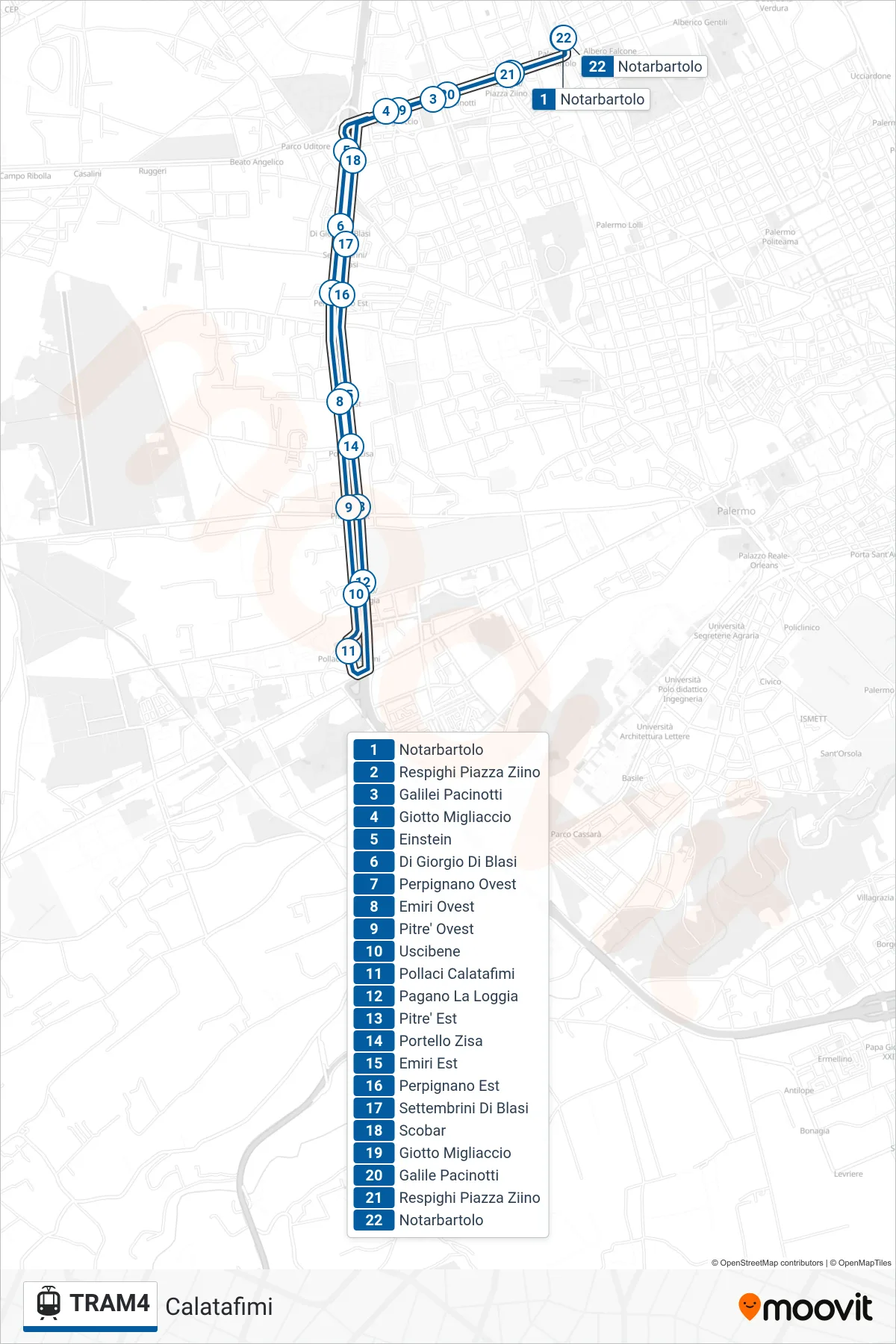 Linea TRAM4 tram (Calatafimi) - Percorsi e fermate sulla mappa