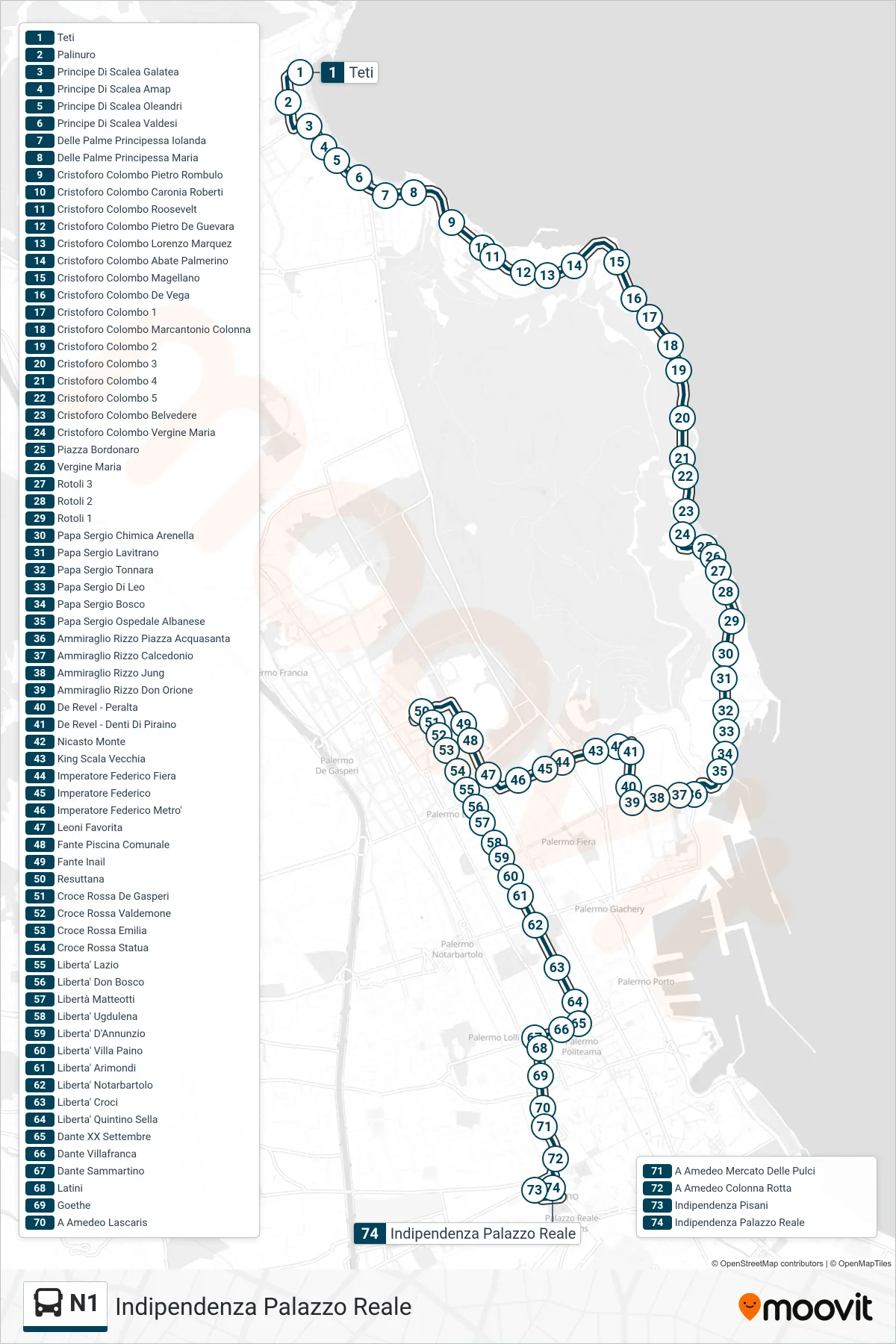 Linea N1 bus (Indipendenza Palazzo Reale) - Percorsi e fermate sulla mappa