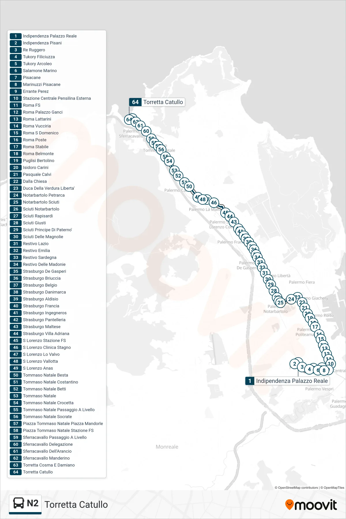 Linea N2 bus (Torretta Catullo) - Percorsi e fermate sulla mappa