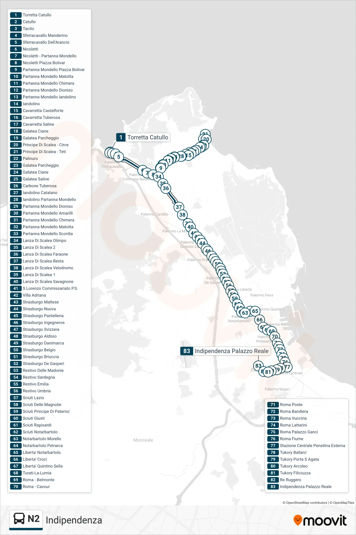 Linea N2 bus (Indipendenza) - Percorsi e fermate sulla mappa