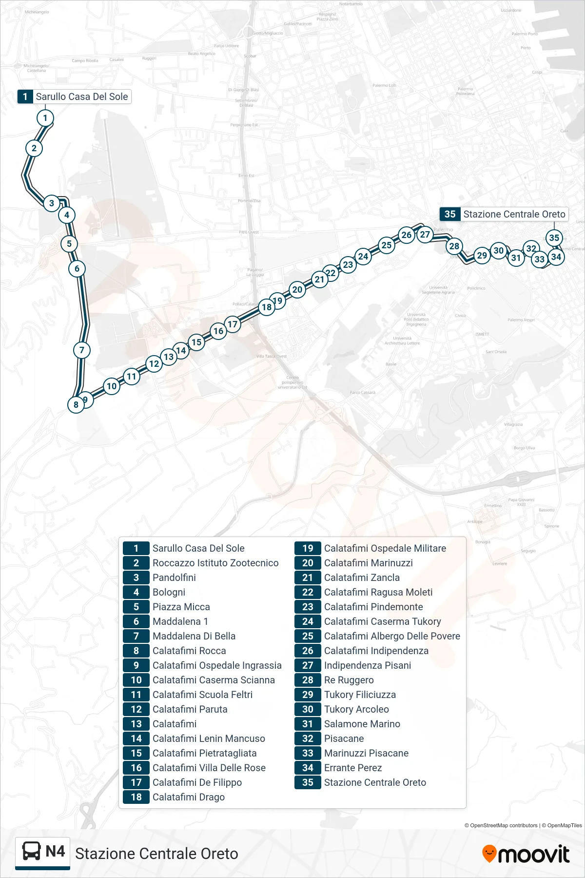 Linea N4 bus (Stazione Centrale Oreto) - Percorsi e fermate sulla mappa