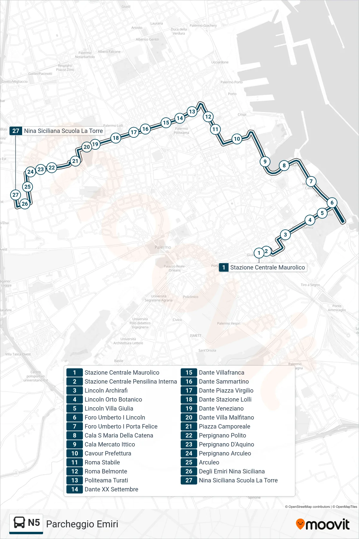 Linea N5 bus (Parcheggio Emiri) - Percorsi e fermate sulla mappa