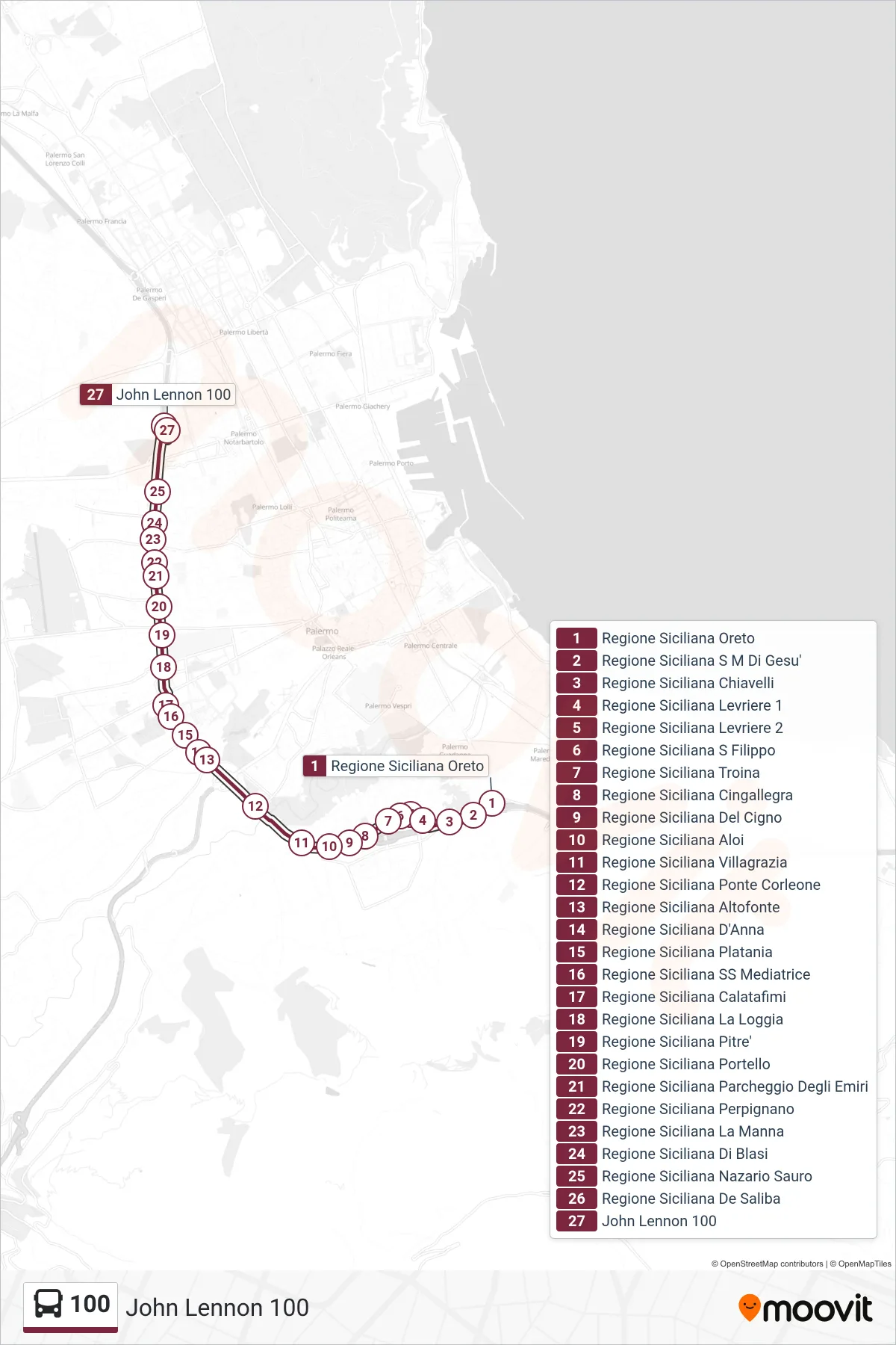 Linea 100  bus (John Lennon 100) - Percorsi e fermate sulla mappa