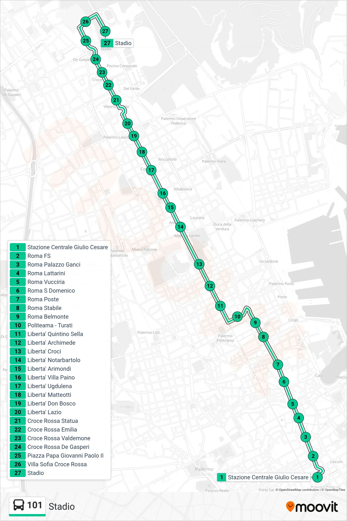Linea 101 bus (Stadio) - Percorsi e fermate sulla mappa