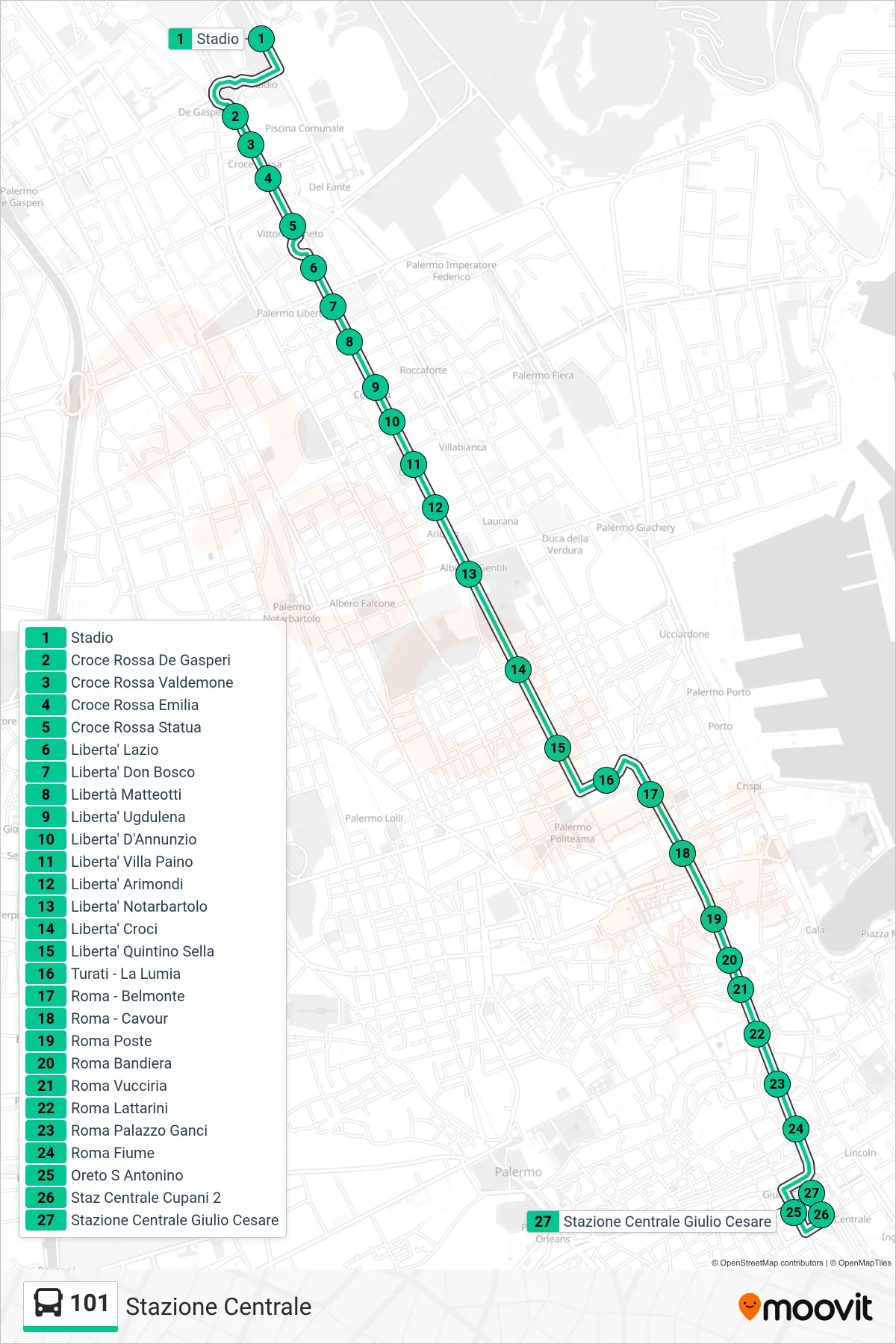 Linea 101  bus (Stazione Centrale) - Percorsi e fermate sulla mappa