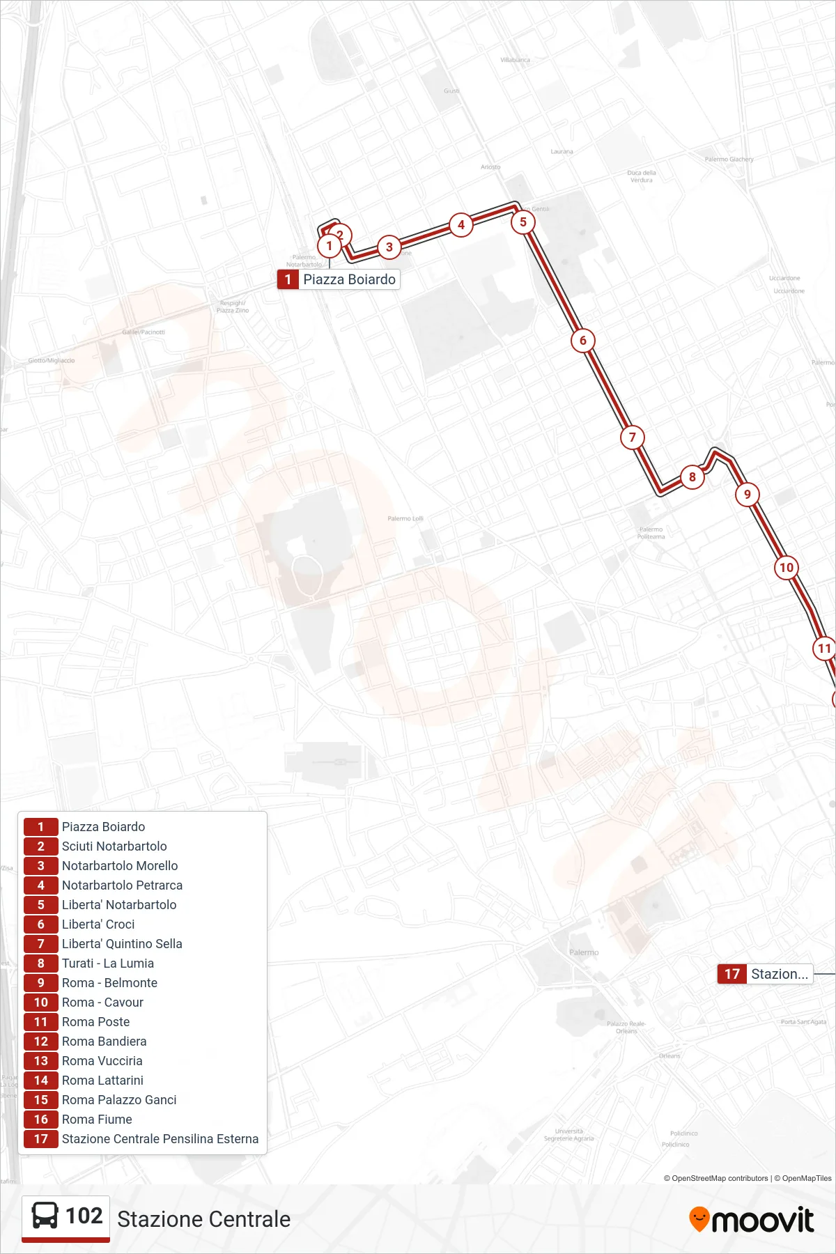 Linea 102 bus (Stazione Centrale) - Percorsi e fermate sulla mappa