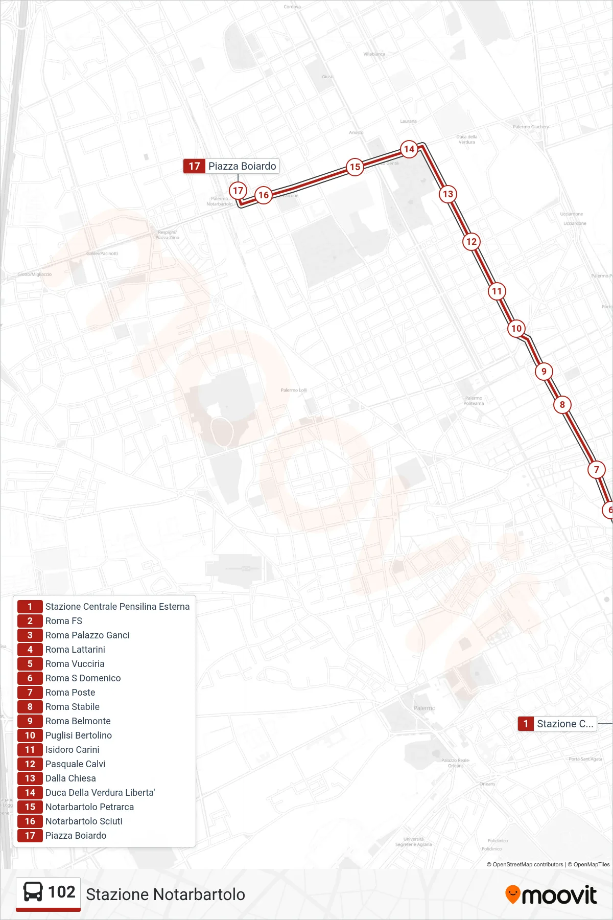 Linea 102 bus (Stazione Notarbartolo) - Percorsi e fermate sulla mappa