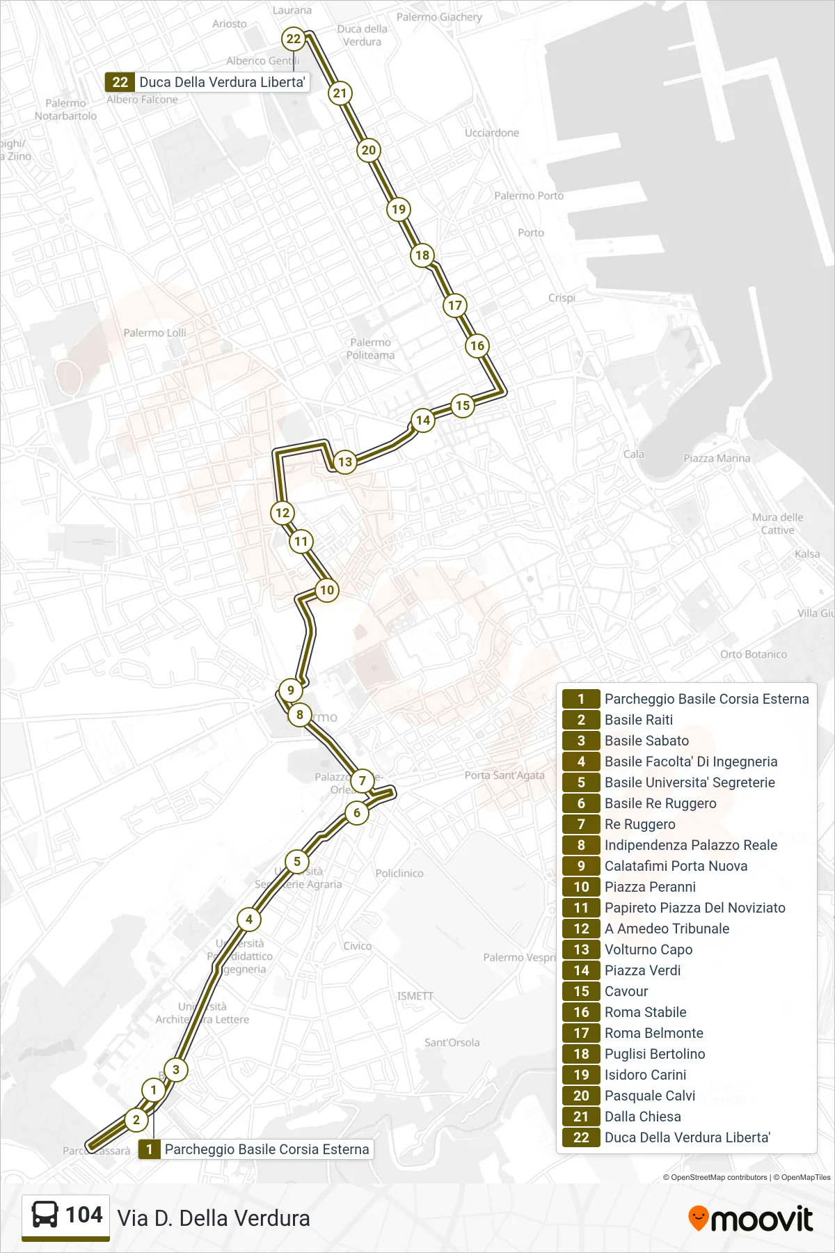 Linea 104  bus (Via D. Della Verdura) - Percorsi e fermate sulla mappa