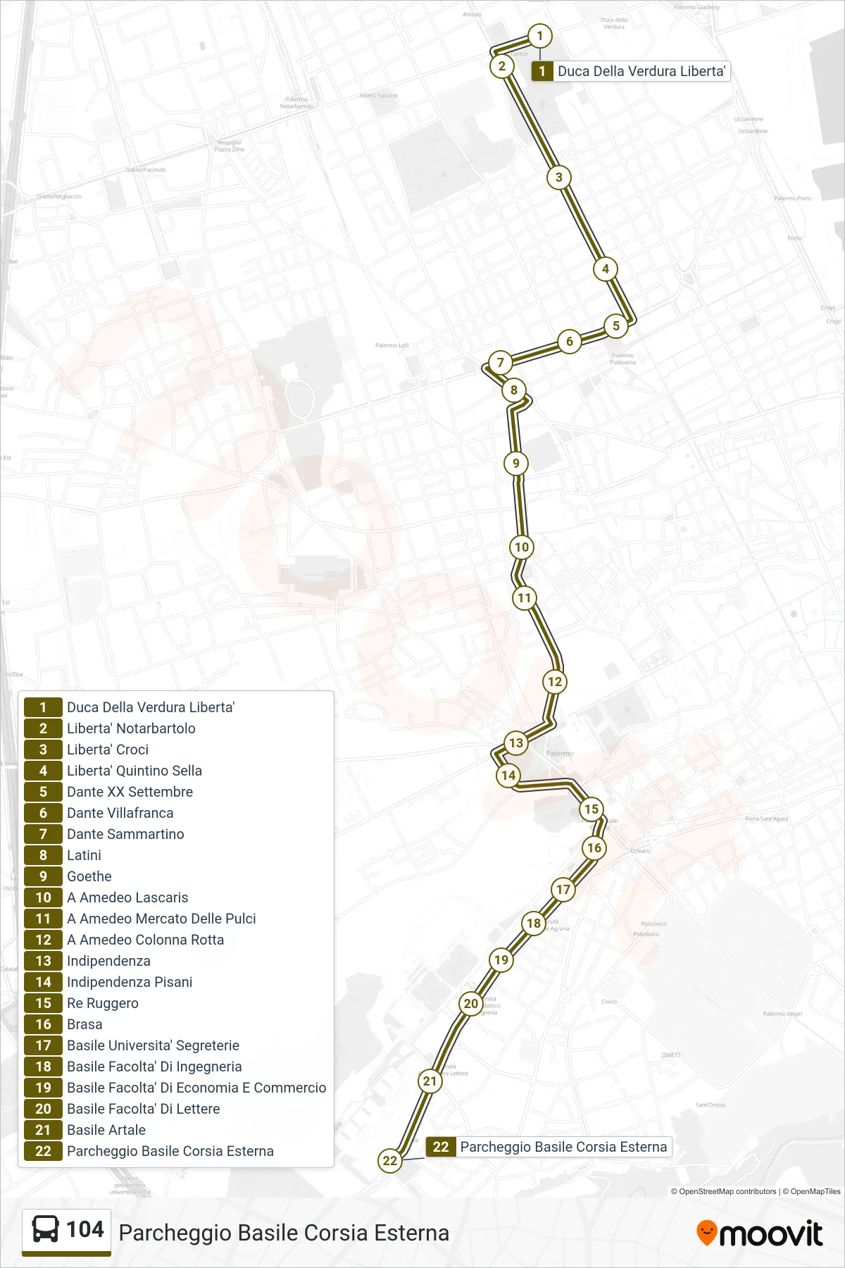 Linea 104  bus (Parcheggio Basile Corsia Esterna) - Percorsi e fermate sulla mappa