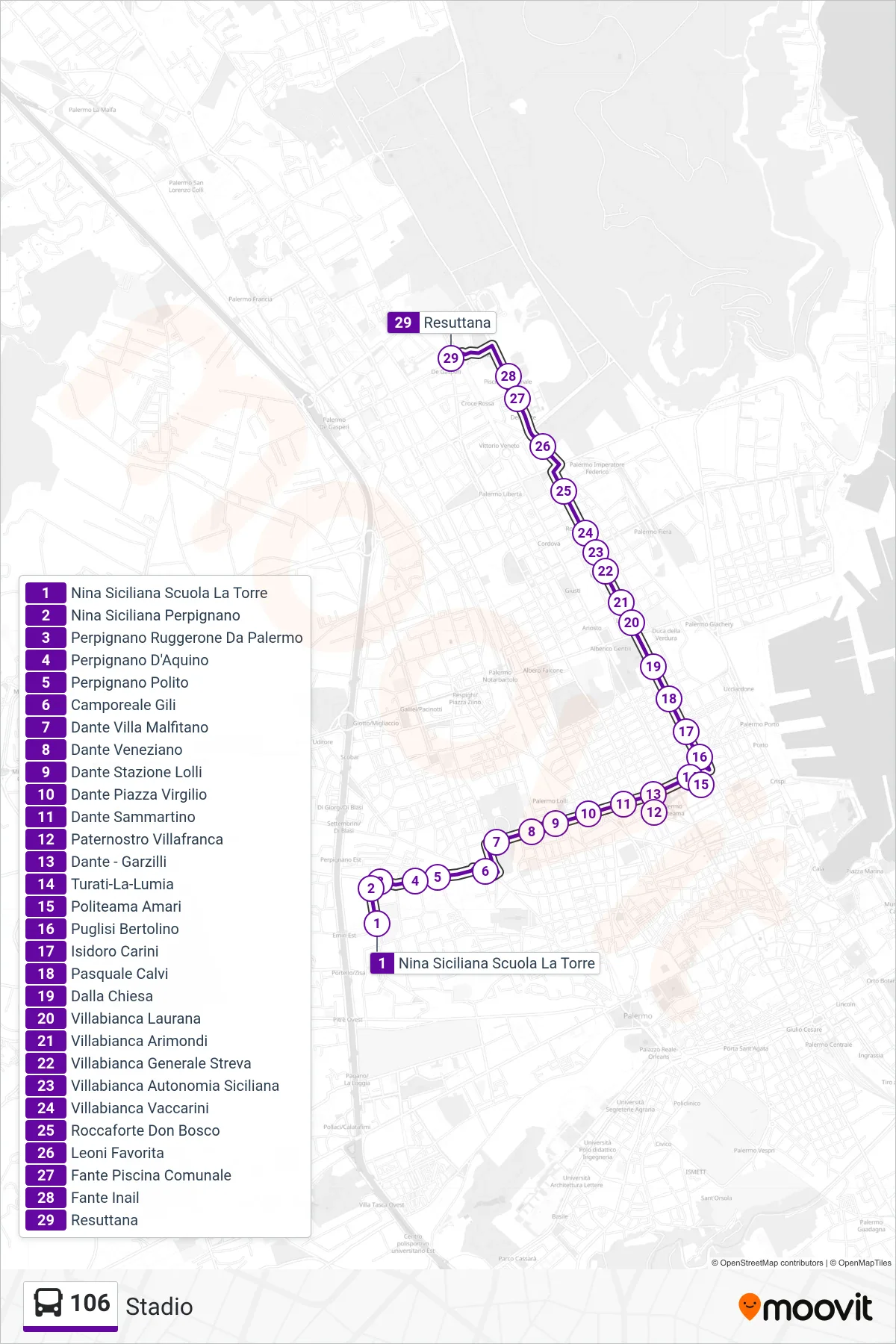 Linea 106 bus (Stadio) - Percorsi e fermate sulla mappa