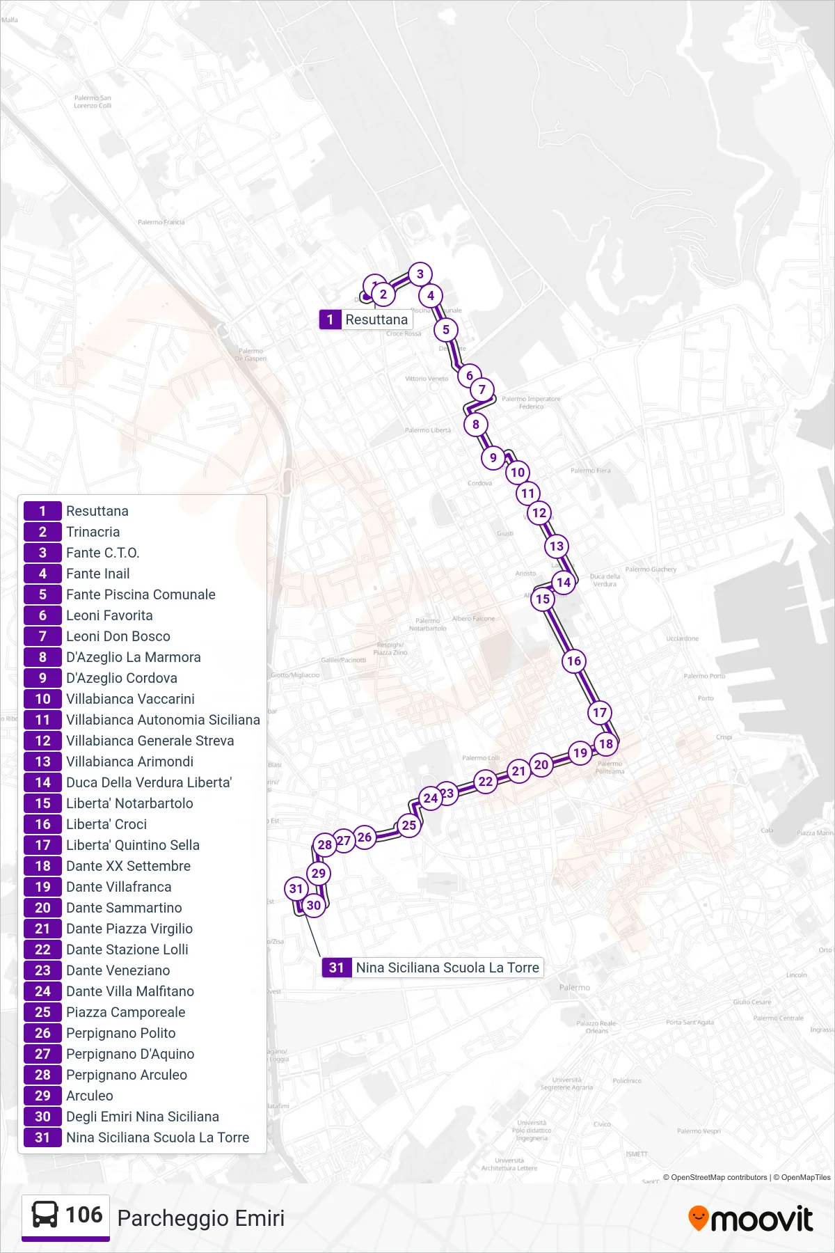 Linea 106  bus (Parcheggio Emiri) - Percorsi e fermate sulla mappa