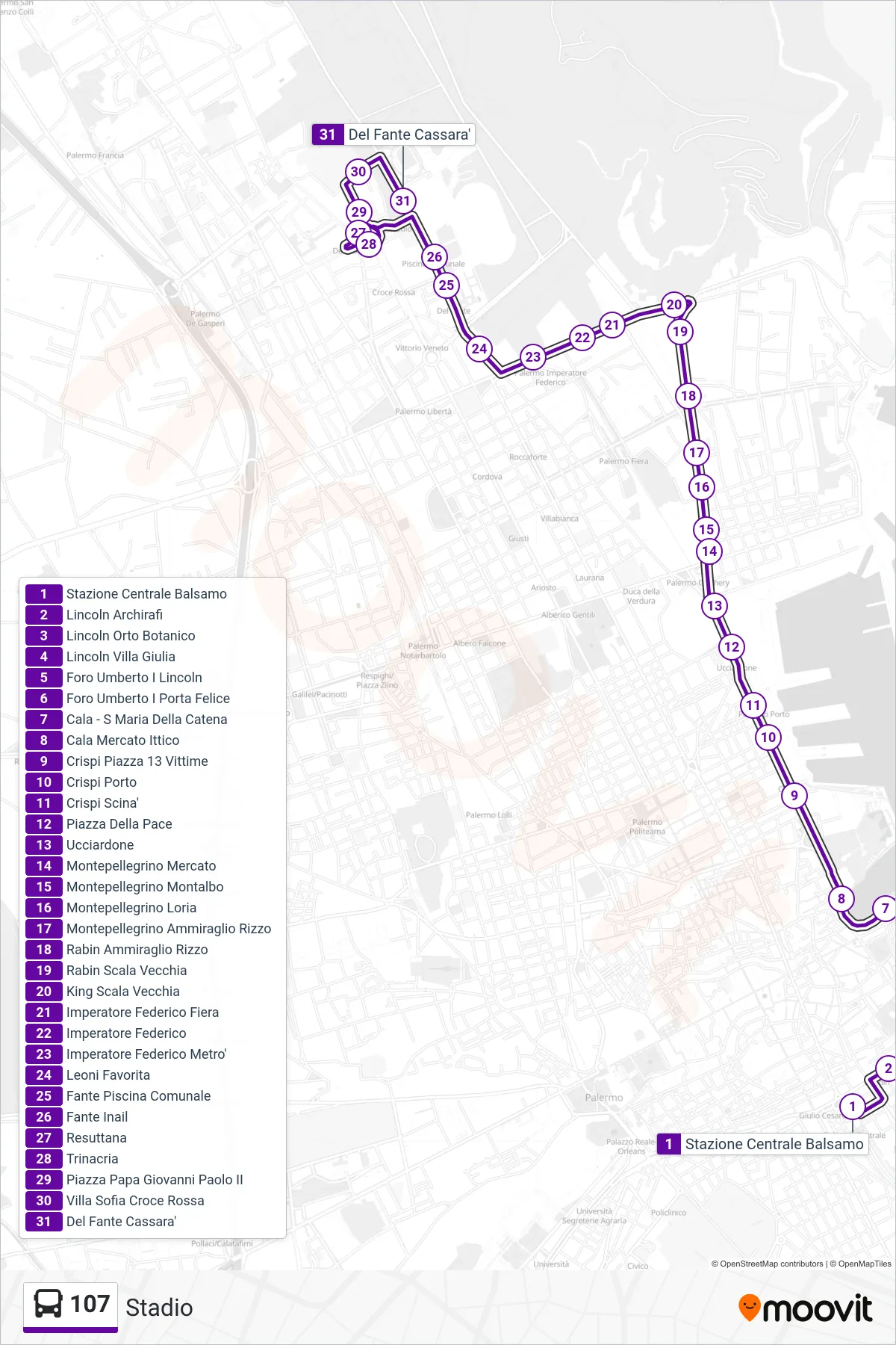 Linea 107 bus (Stadio) - Percorsi e fermate sulla mappa