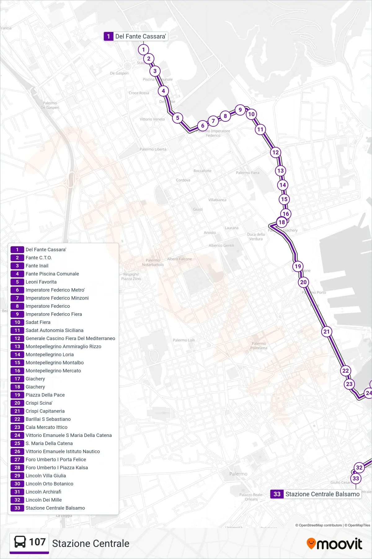 Linea 107  bus (Stazione Centrale) - Percorsi e fermate sulla mappa
