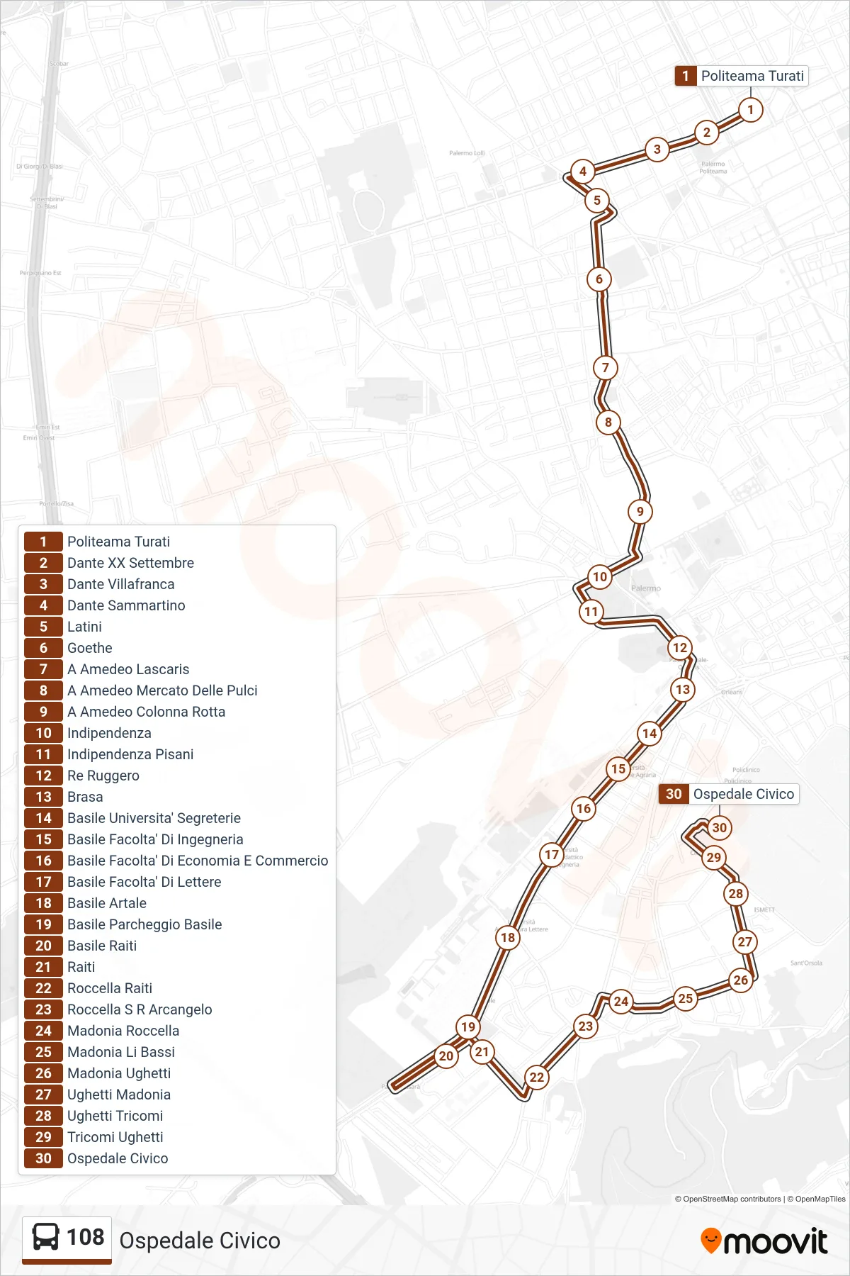 Linea 108 bus (Ospedale Civico) - Percorsi e fermate sulla mappa