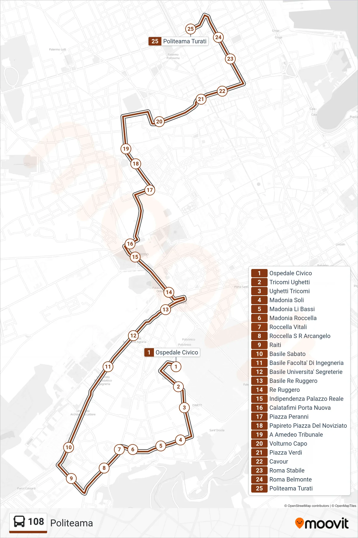 Linea 108  bus (Politeama) - Percorsi e fermate sulla mappa