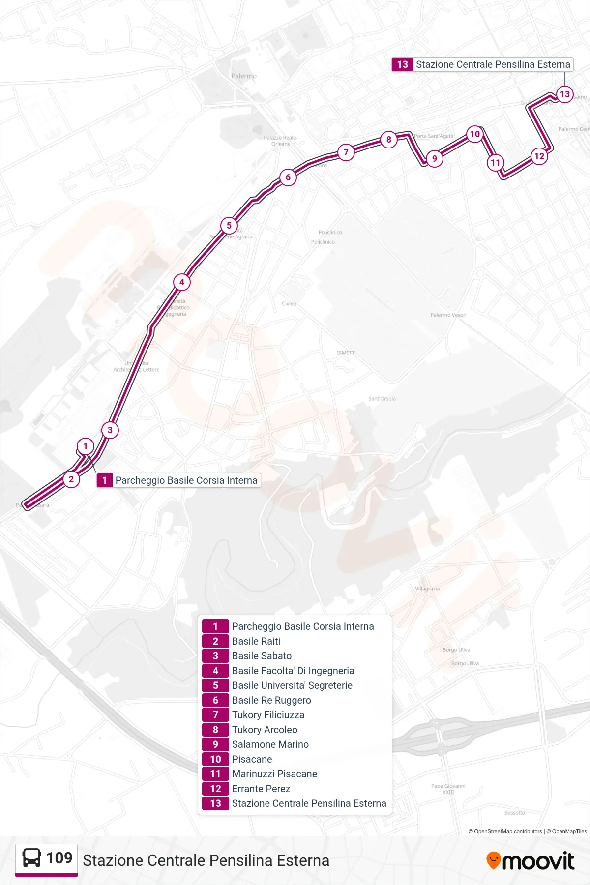 Linea 109 bus (Stazione Centrale Pensilina Esterna) - Percorsi e fermate sulla mappa