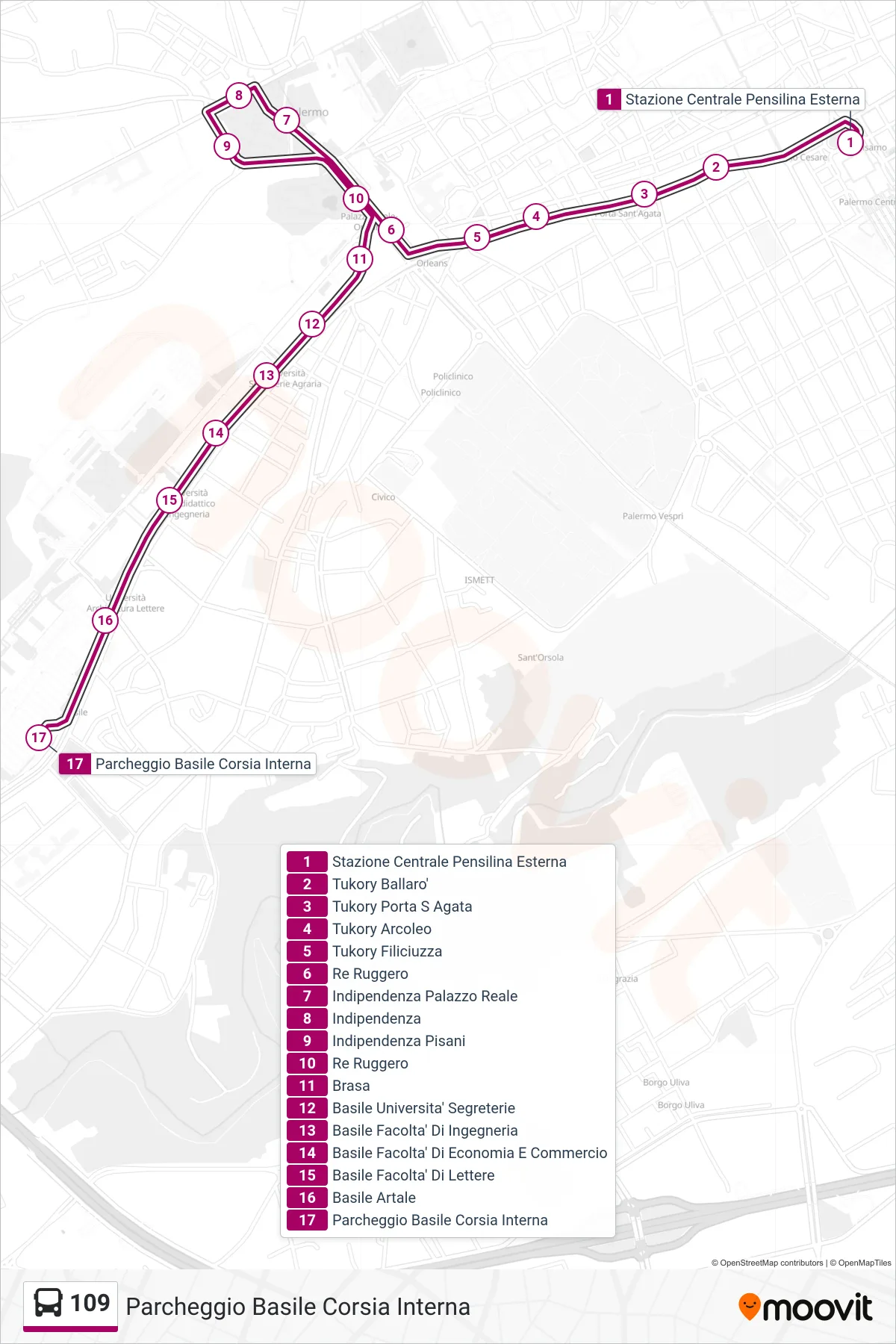 Linea 109 bus (Parcheggio Basile Corsia Interna) - Percorsi e fermate sulla mappa