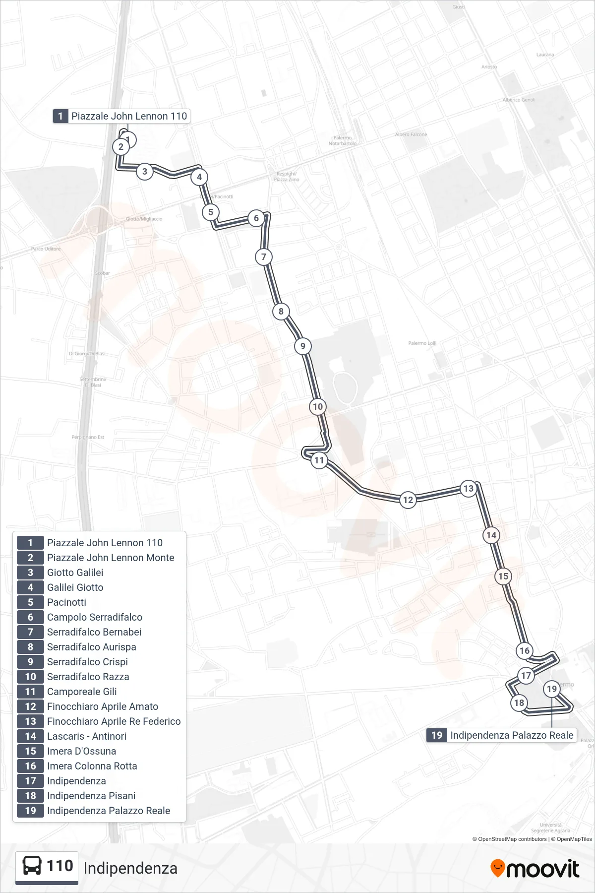 Linea 110 bus (Indipendenza) - Percorsi e fermate sulla mappa