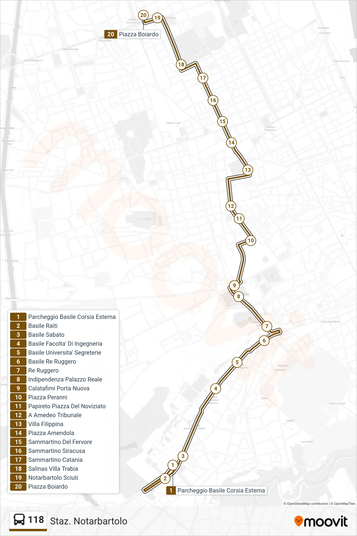 Linea 118  bus (Staz. Notarbartolo) - Percorsi e fermate sulla mappa