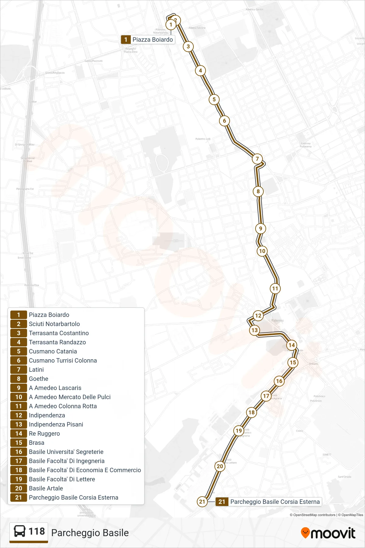 Linea 118 bus (Parcheggio Basile) - Percorsi e fermate sulla mappa