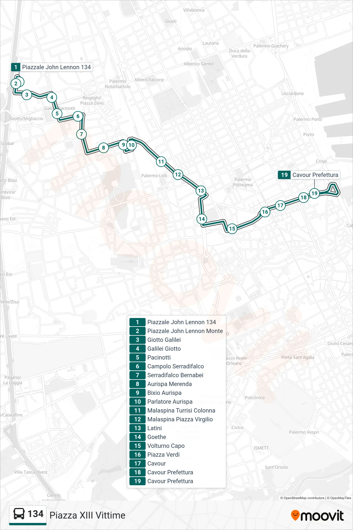Linea 134 bus (Piazza XIII Vittime) - Percorsi e fermate sulla mappa