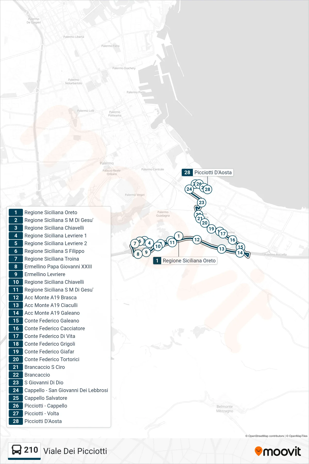 Linea 210 bus (Viale Dei Picciotti) - Percorsi e fermate sulla mappa