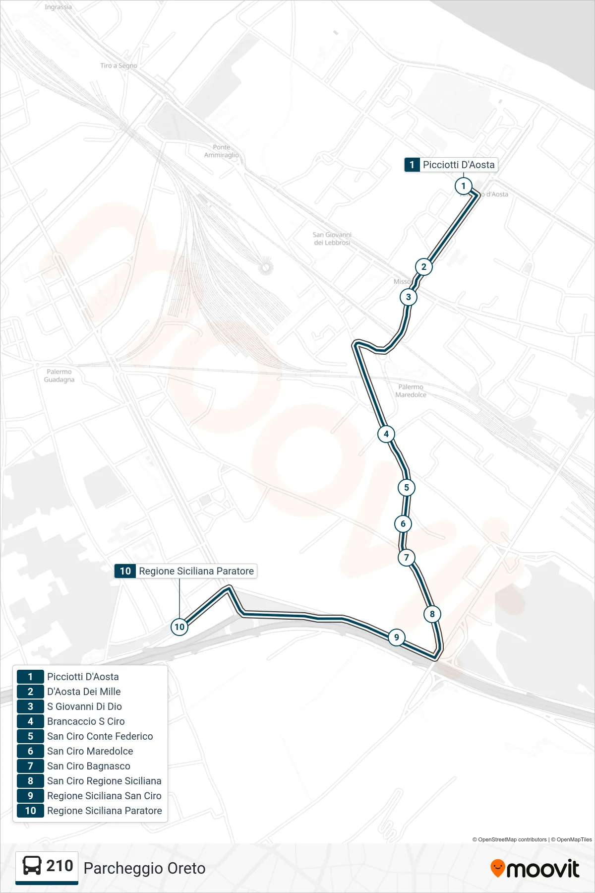 Linea 210  bus (Parcheggio Oreto) - Percorsi e fermate sulla mappa
