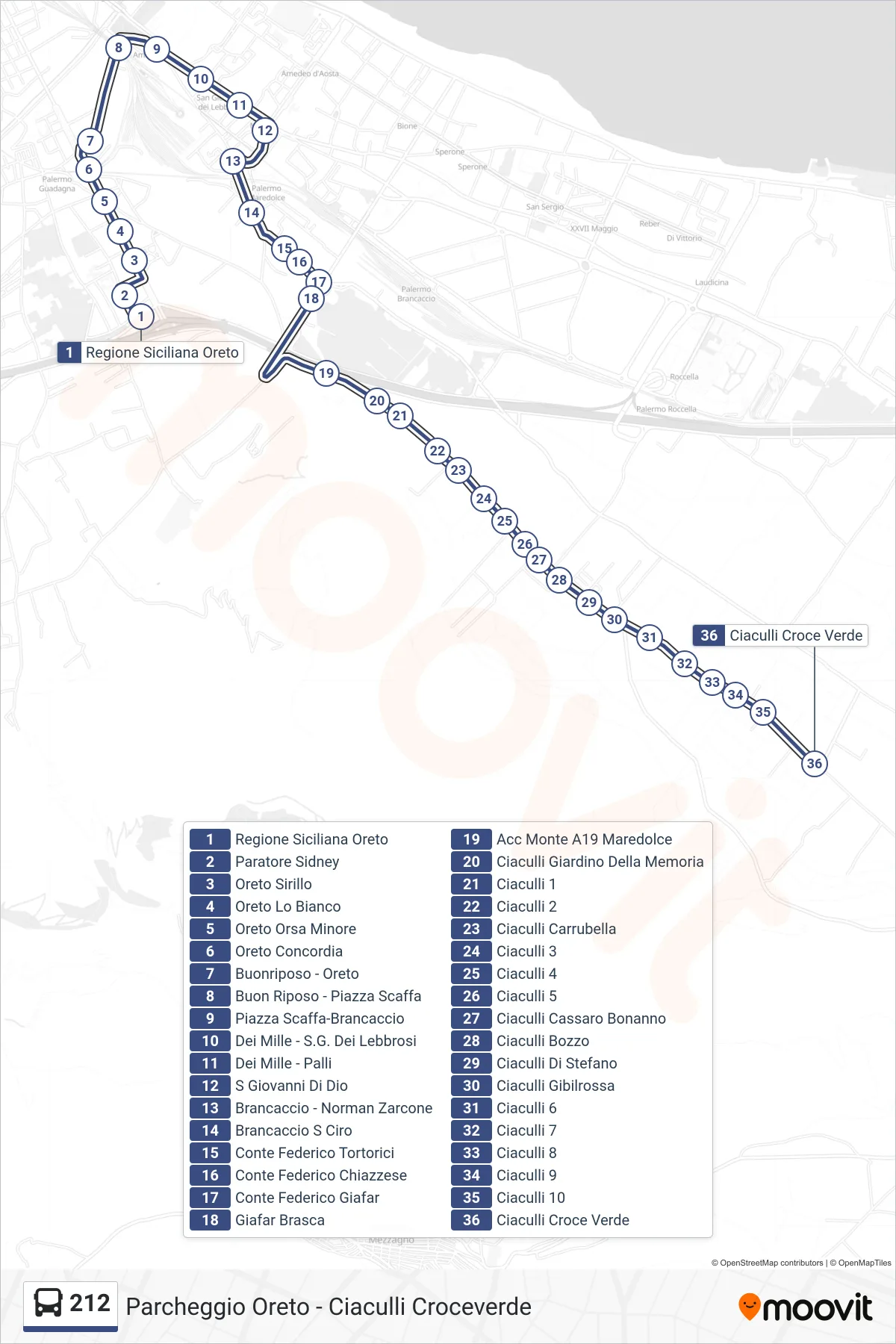 Linea 212 bus (Ciaculli Croce Verde) - Percorsi e fermate sulla mappa