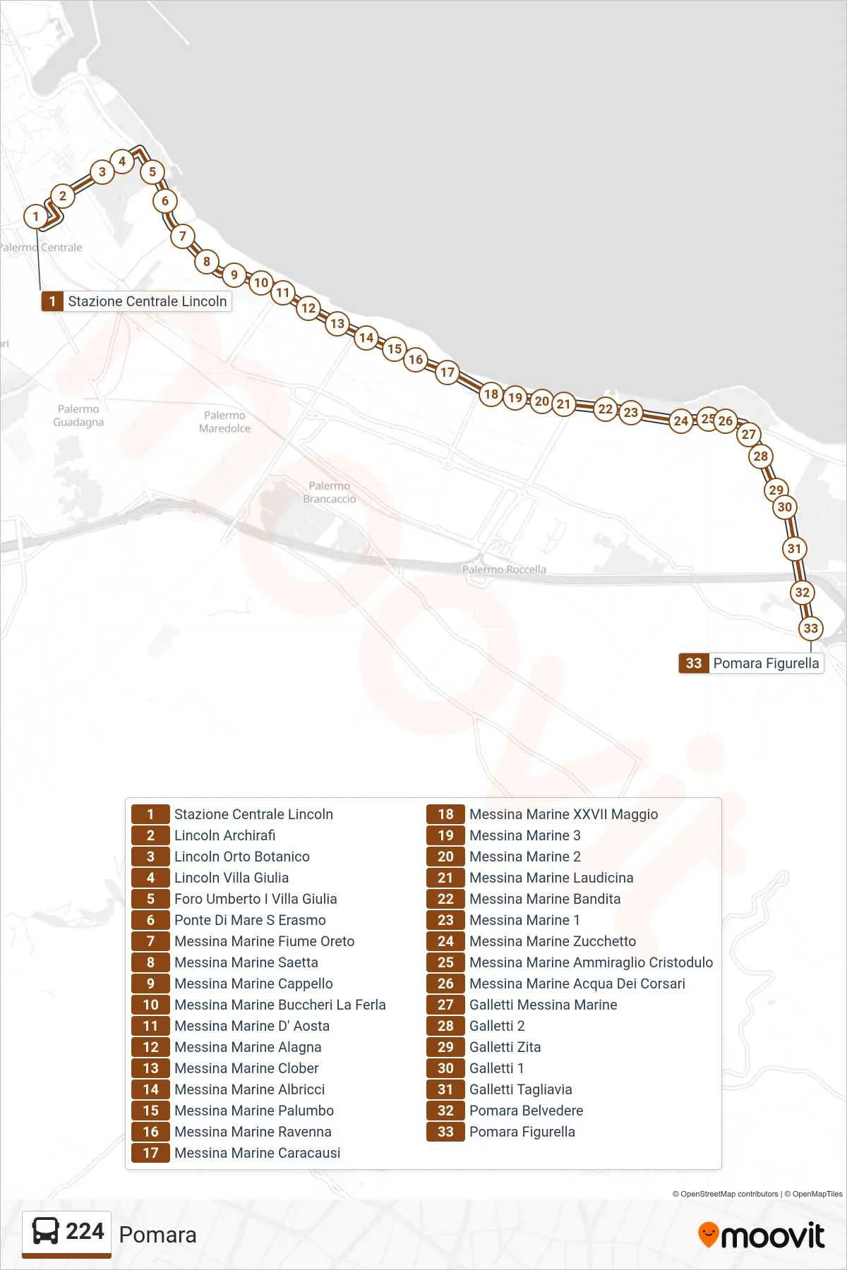 Linea 224  bus (Pomara) - Percorsi e fermate sulla mappa