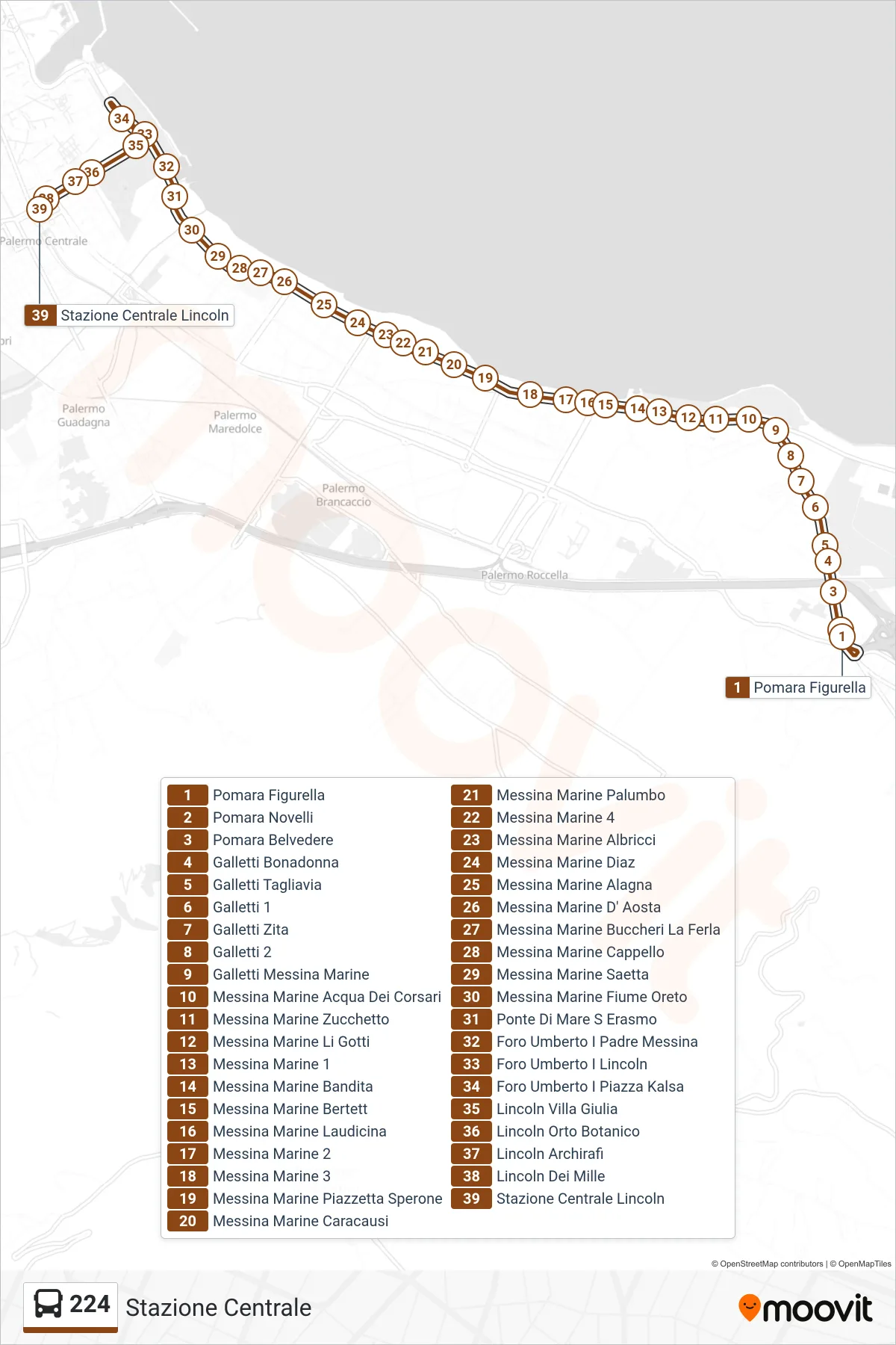 Linea 224 bus (Stazione Centrale) - Percorsi e fermate sulla mappa
