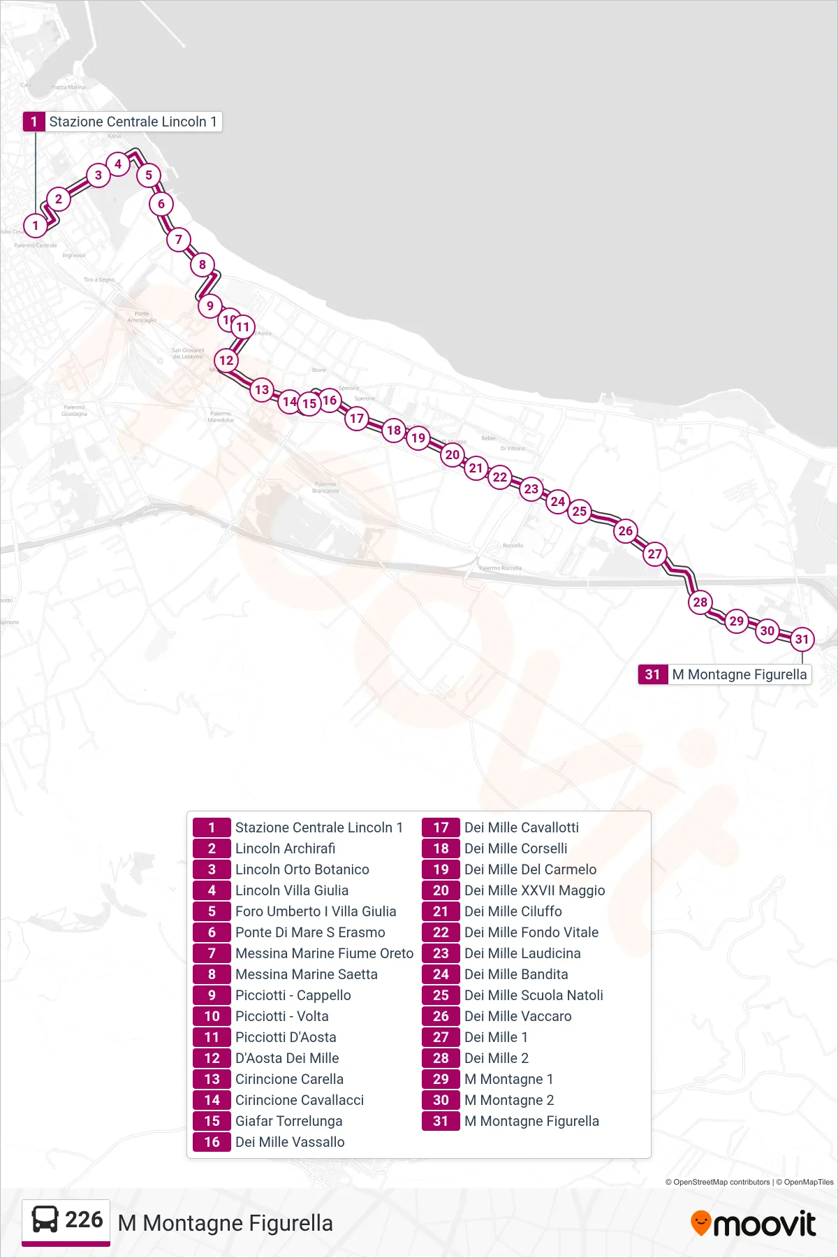 Linea 226 bus (M Montagne Figurella) - Percorsi e fermate sulla mappa
