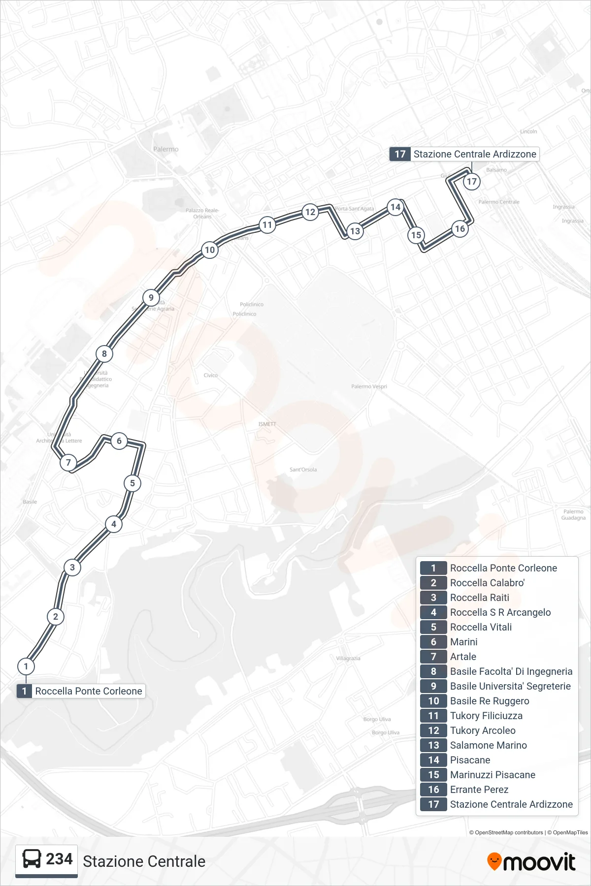 Linea 234  bus (Stazione Centrale) - Percorsi e fermate sulla mappa